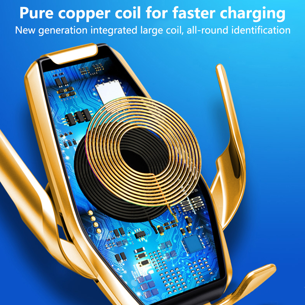 Ein goldener Telefonhalter mit einer Kupferspule im Inneren. Der Hintergrund ist blau. Der Text lautet: "Reine Kupferspule für schnelleres Laden."
