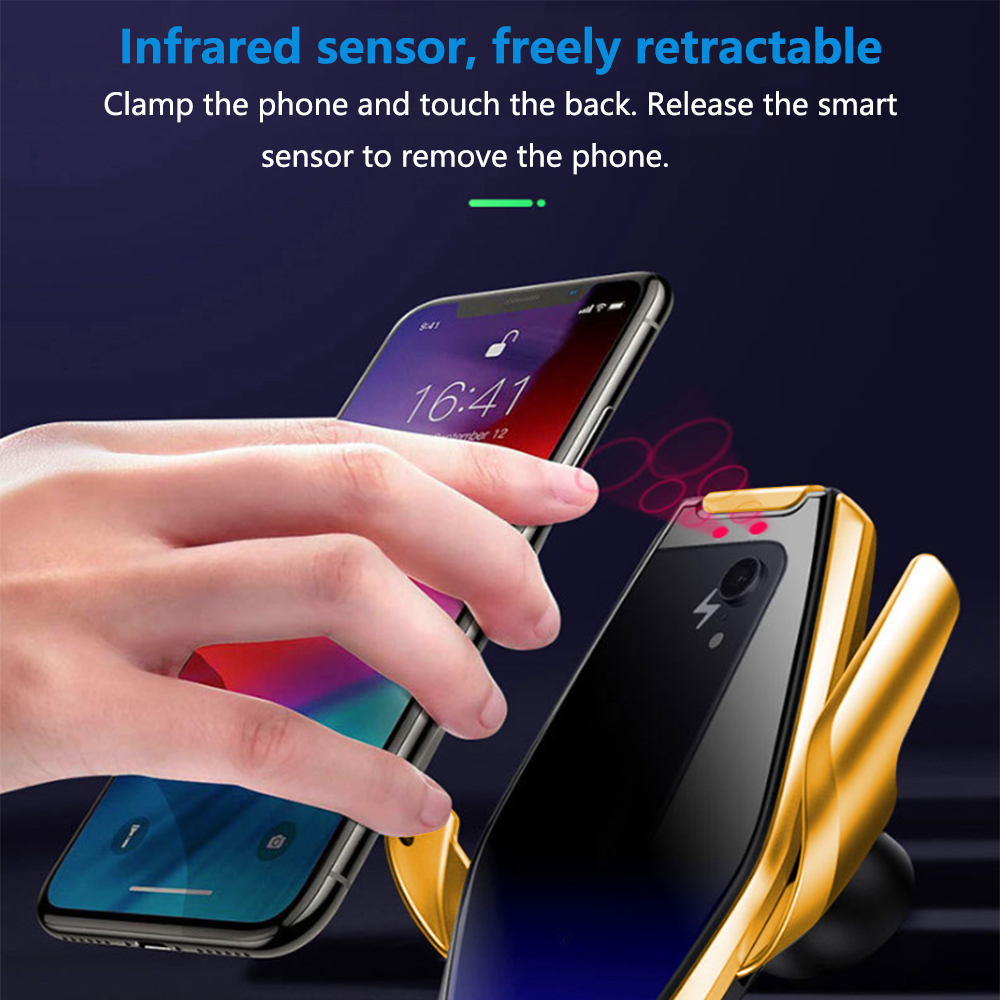 Hand hält ein Telefon. Das Telefon wird auf einem gold-schwarzen Telefonhalter platziert. Der Text lautet 'Infrarotsensor, frei einziehbar'.