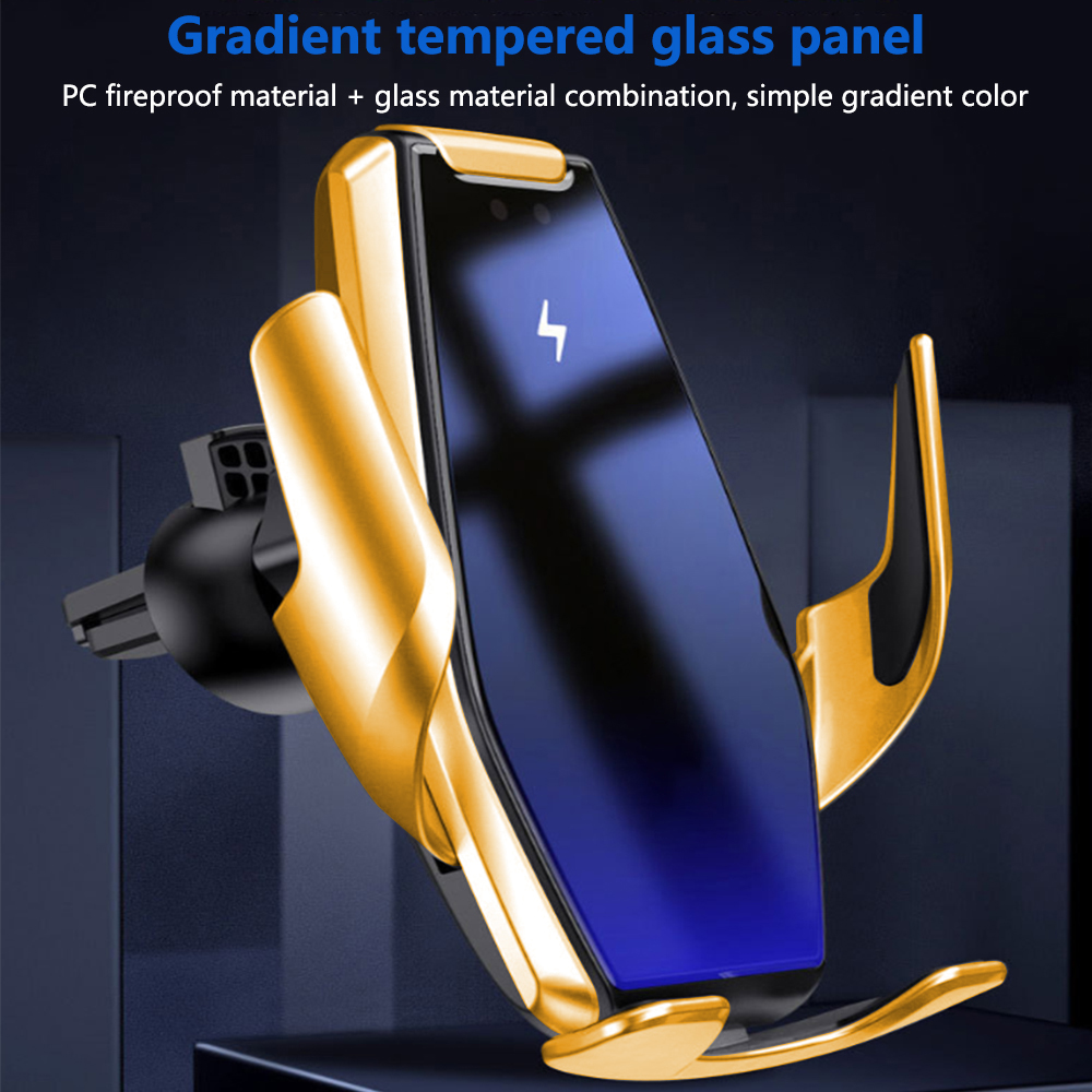 Ein goldener Telefonhalter mit blauem Bildschirm, der einen Blitz zeigt. Der Hintergrund ist dunkelblau mit Text.