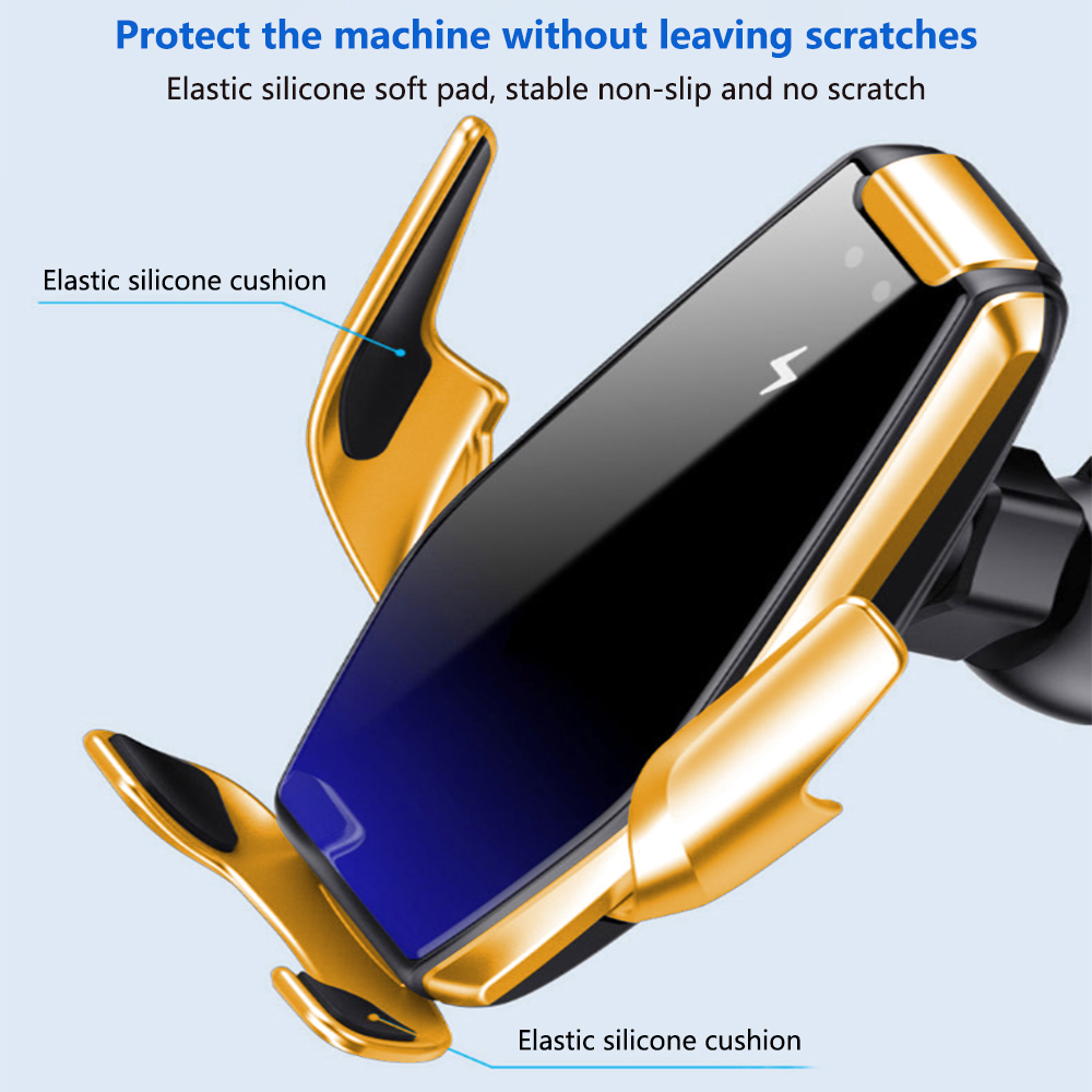 Ein gold-schwarzer Telefonhalter mit Textbeschriftungen. Er hat elastische Silikonpolster und einen telefonförmigen Raum.