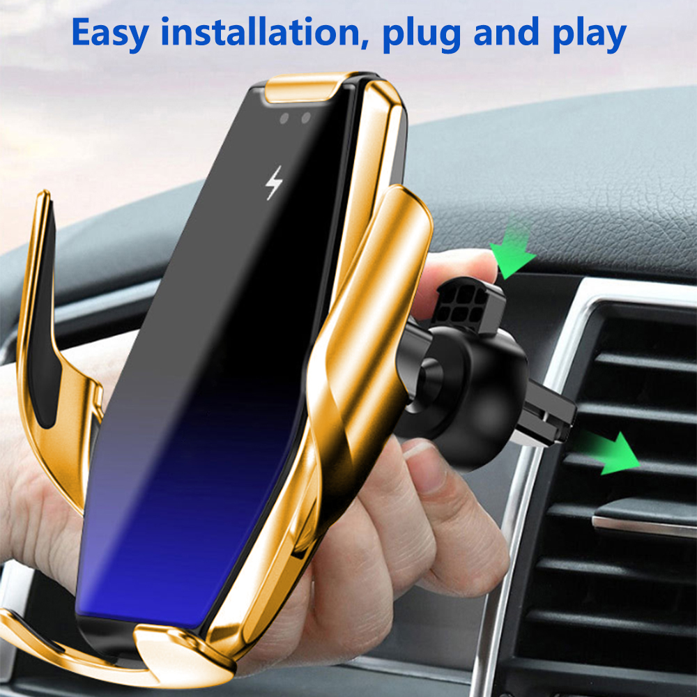 Ein goldener und schwarzer Telefonhalter ist in einem Auto montiert. Er hat ein Ladesymbol auf dem Telefon und Pfeile, die auf die Lüftung des Autos zeigen.