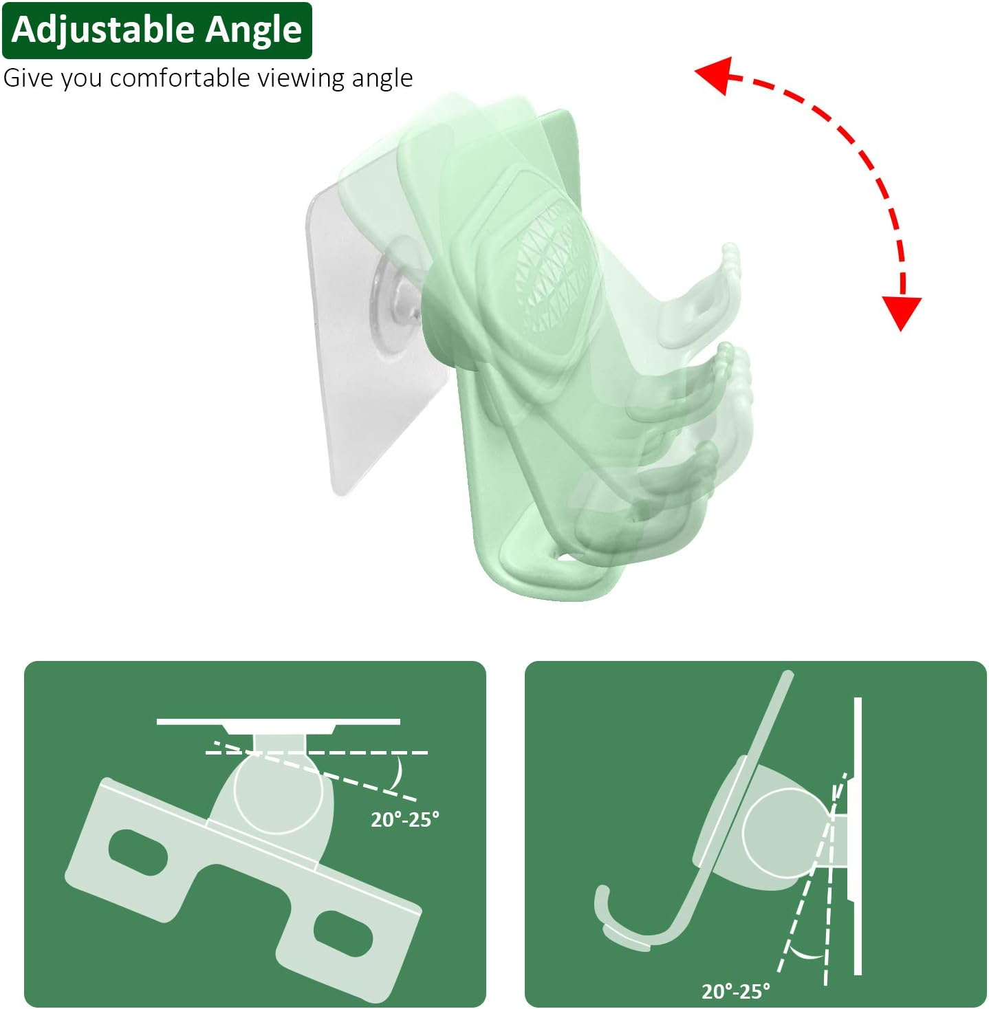 Grüner verstellbarer Handyhalter mit transparentem Klebepad, roter Pfeil zeigt Winkelverstellung, Diagramme zeigen Neigungsbereich 20-25 Grad.
