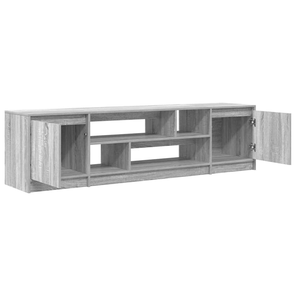 Ein grauer TV-Ständer aus Holz mit offenen Regalen und zwei Türen, eine auf jeder Seite, beide offen.