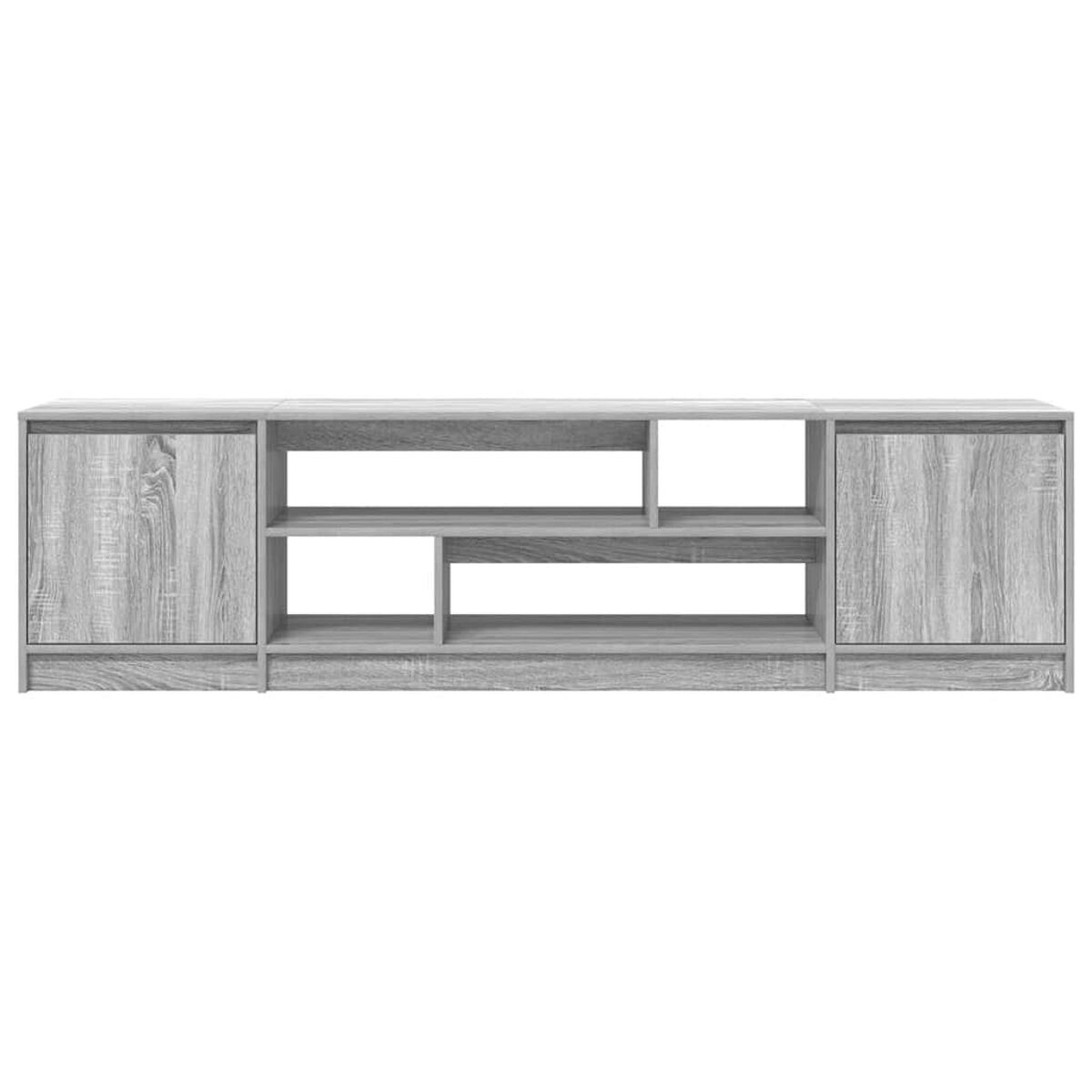 Ein grauer TV-Ständer aus Holz mit offenen Regalen in der Mitte und Schranktüren an den Seiten, alles vor weißem Hintergrund.