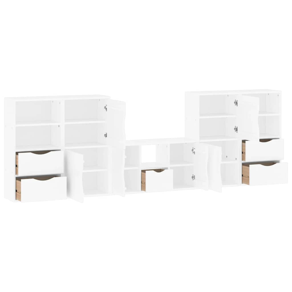 Weiße Schränke mit offenen Türen und Schubladen. Holzinterieur sichtbar. Hintergrund ist schlicht weiß. Mehrere Abschnitte angeordnet.