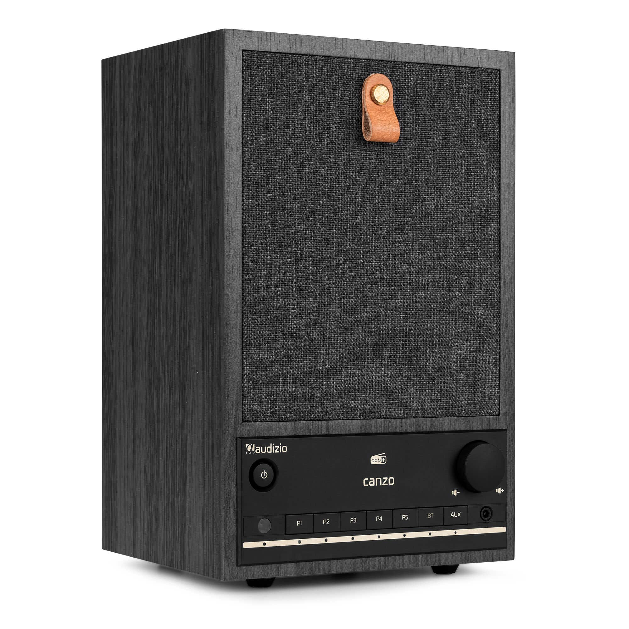 Un altavoz de madera oscura con frontal de tela, asa de cuero y panel de control con botones y una perilla.