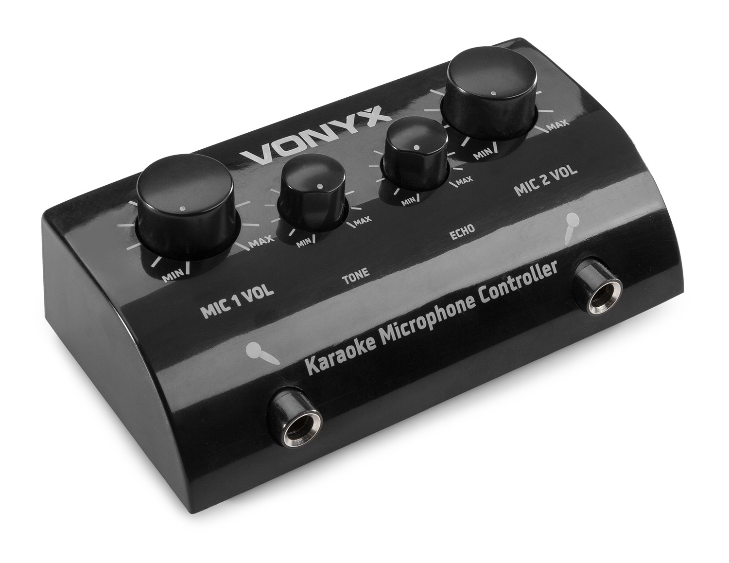 Een zwarte Karaoke Microfoon Controller met vier knoppen met de labels MIC 1 VOL, TONE, ECHO en MIC 2 VOL. Het heeft twee microfooningang jacks.