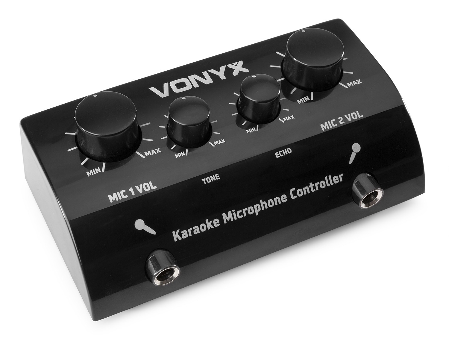 Zwarte Karaoke Microfoon Controller met knoppen met MIN/MAX. Heeft het VONYX logo.