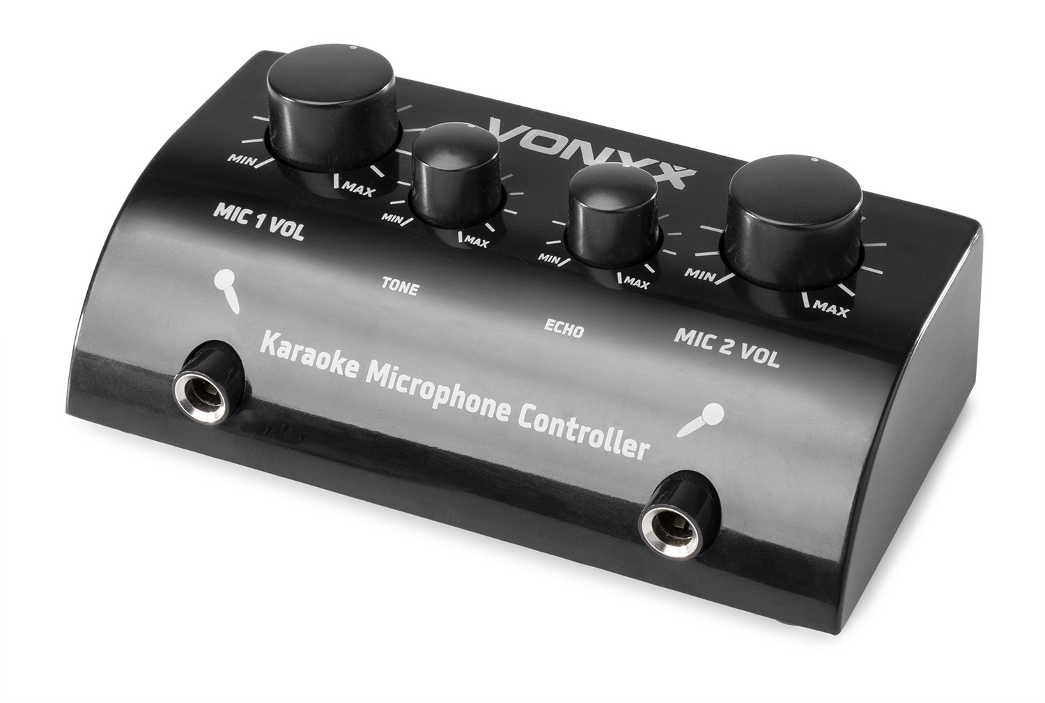 Een zwarte Karaoke Microfoon Controller met knoppen voor volume, toon en echo. Het heeft ingangsaansluitingen en het Vonyx-logo.
