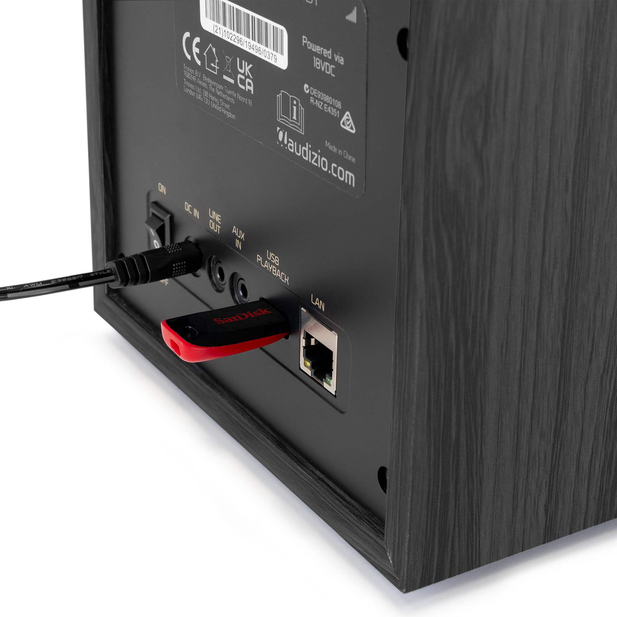 Primer plano de la parte trasera del altavoz. Una unidad USB está en el puerto USB. Cable de alimentación y otros puertos visibles.