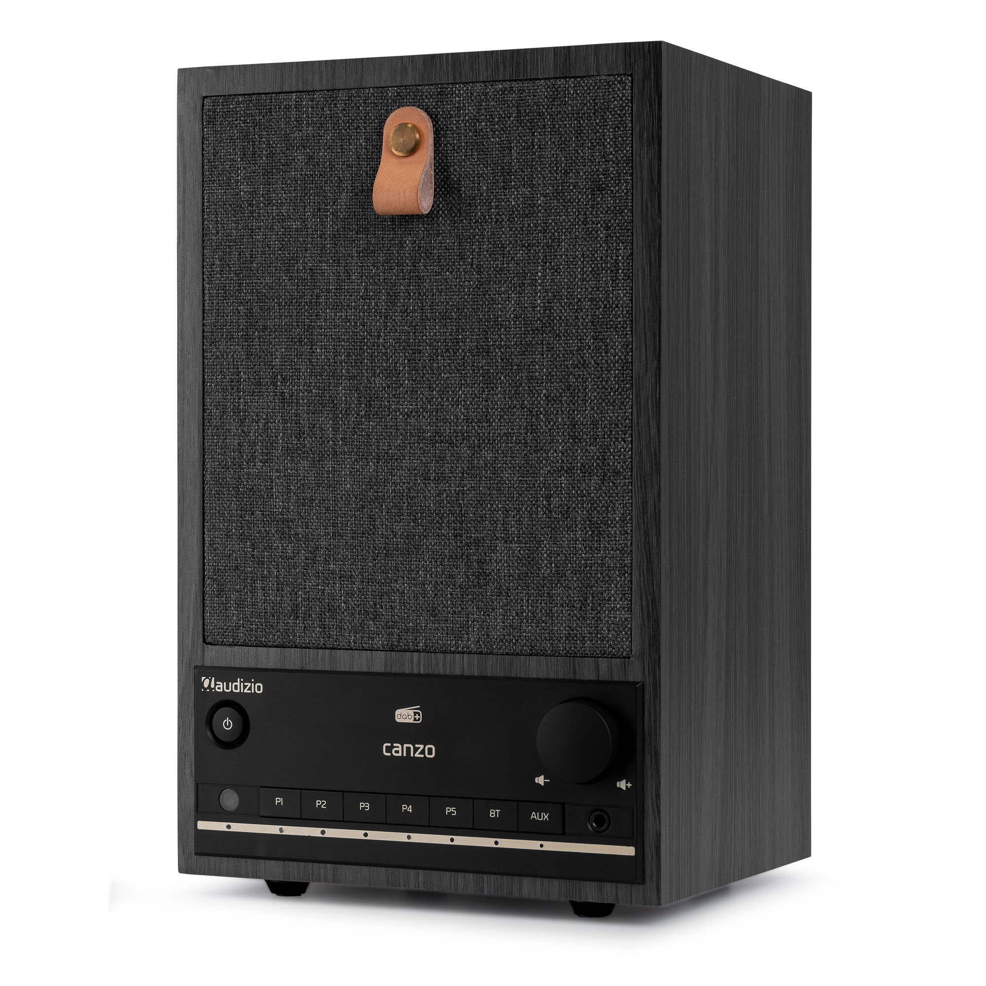 Un altavoz negro con frontal de tela, asa de cuero y botones de control. La marca es 'claudio'.