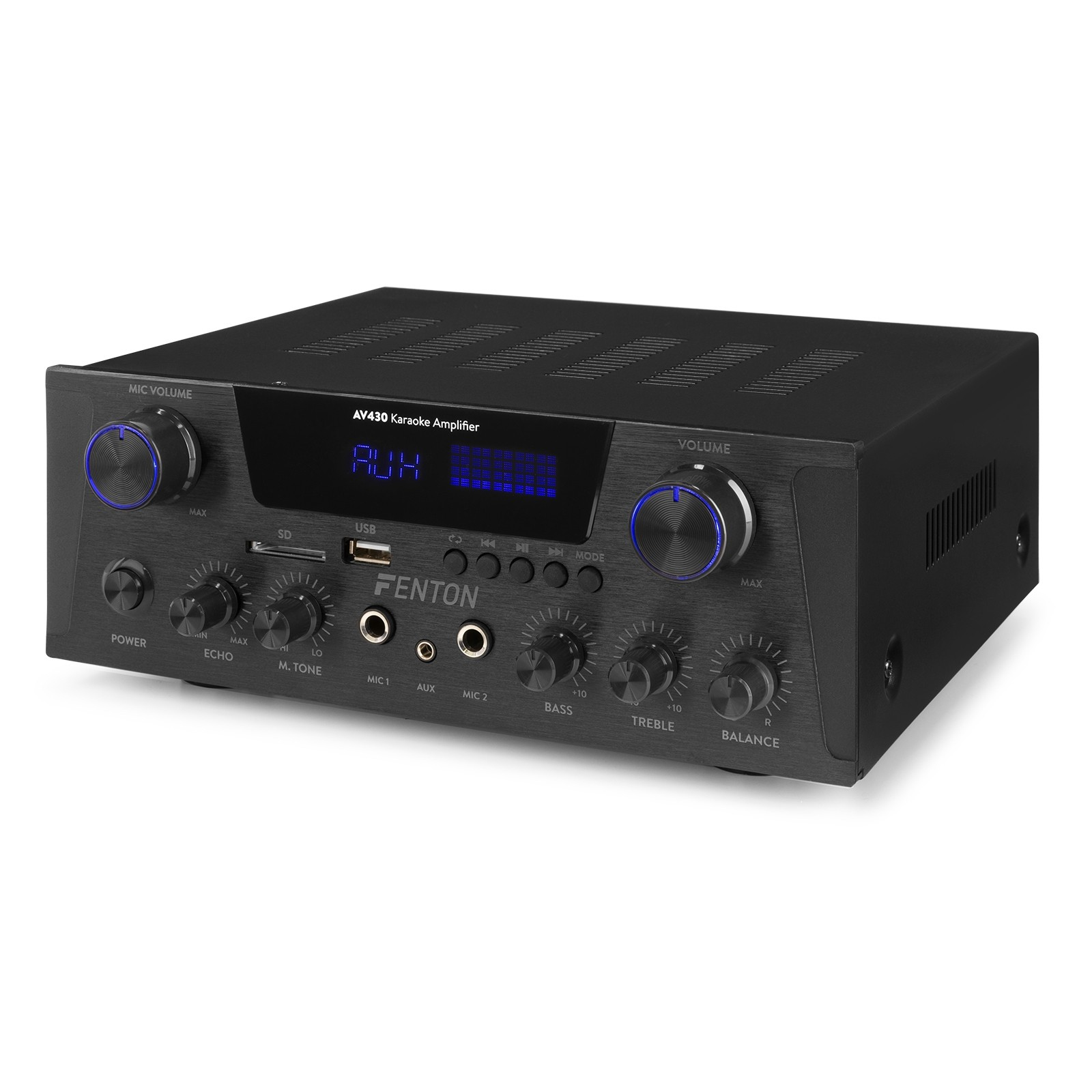 Amplificador de karaoke Fenton AV430 negro. Tiene muchas perillas y botones, incluidos controles de volumen, graves, agudos y micrófono.