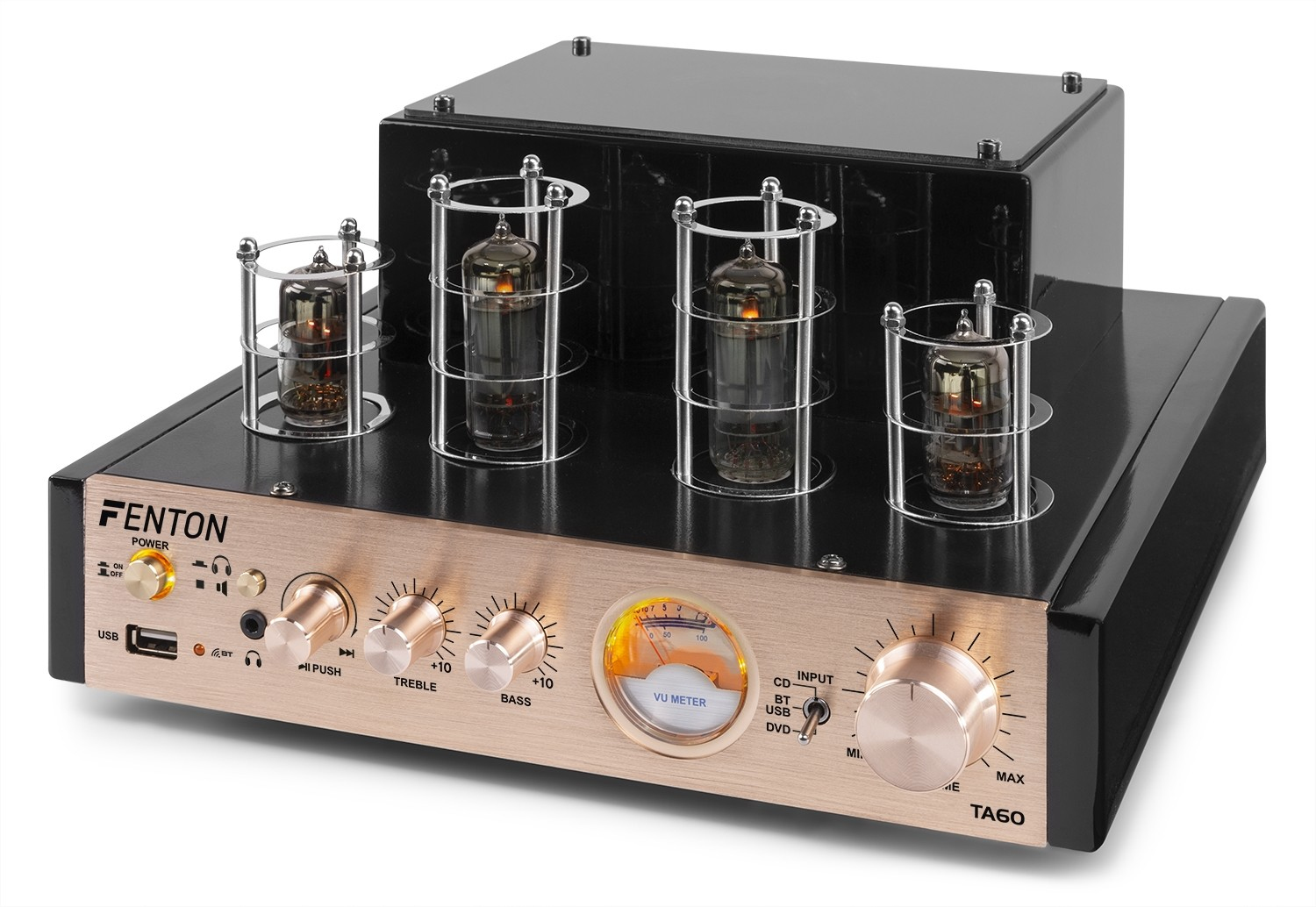Un amplificador de audio negro y dorado con tubos de vacío. Tiene perillas, un medidor VU y la marca 'FENTON'.