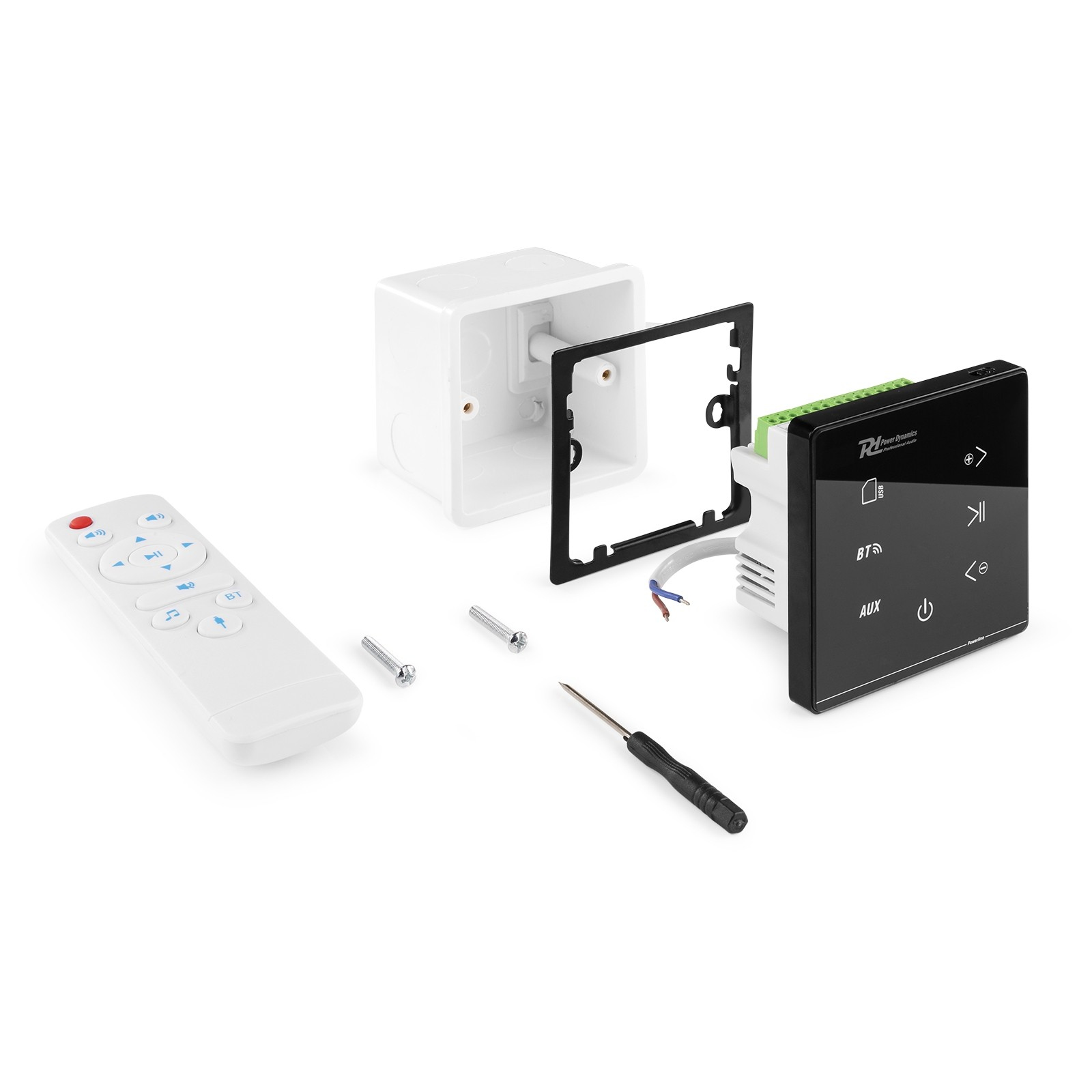 Komponenten eines Mediaplayer-Systems: Fernbedienung, Bedienfeld, Schrauben, Schraubendreher, schwarzer Rahmen und eine weiße Box auf weißer Oberfläche.