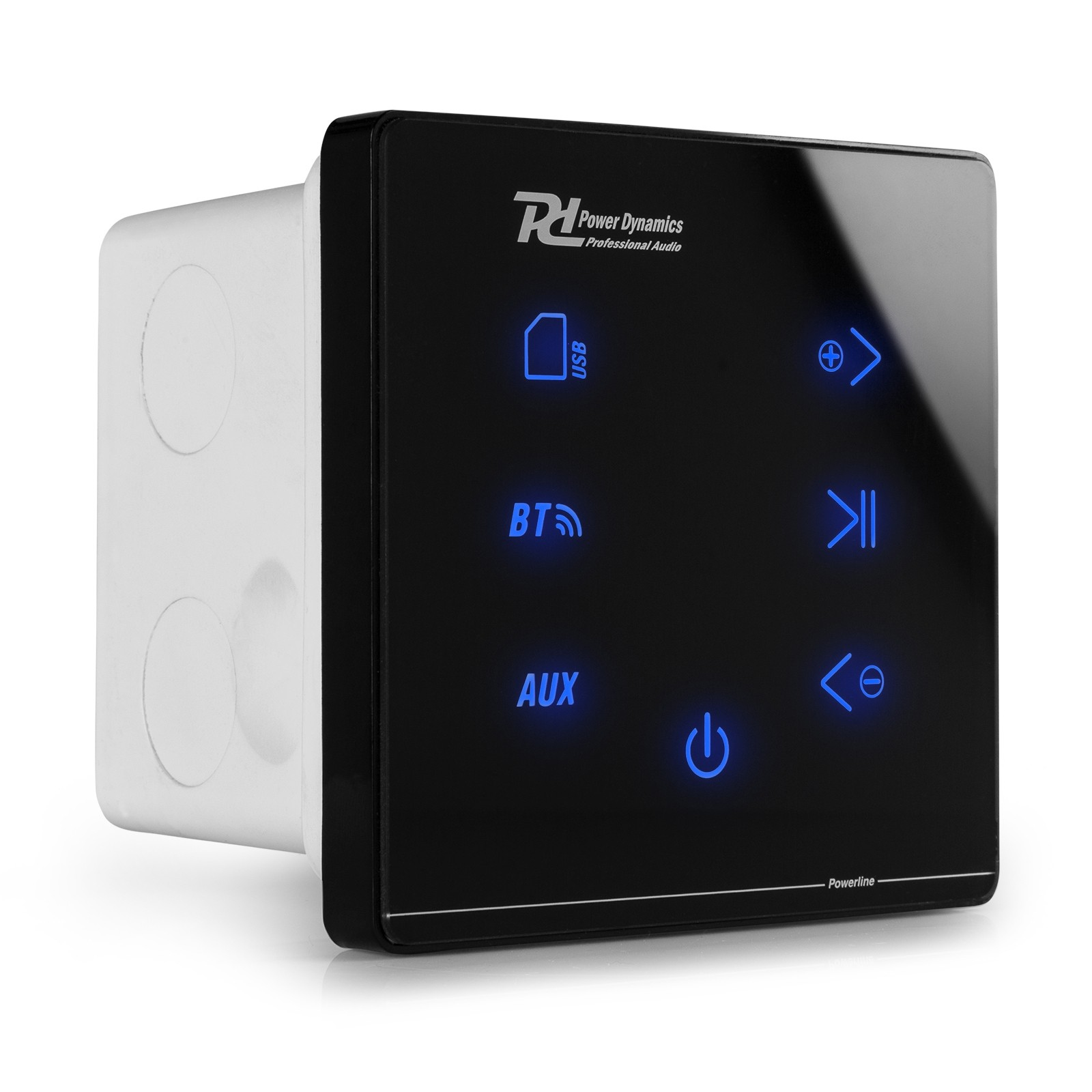 Schwarzes Audiokontrollfeld mit blau beleuchteten Symbolen für USB, BT, AUX, Strom und Wiedergabesteuerung. Weiße Seite.