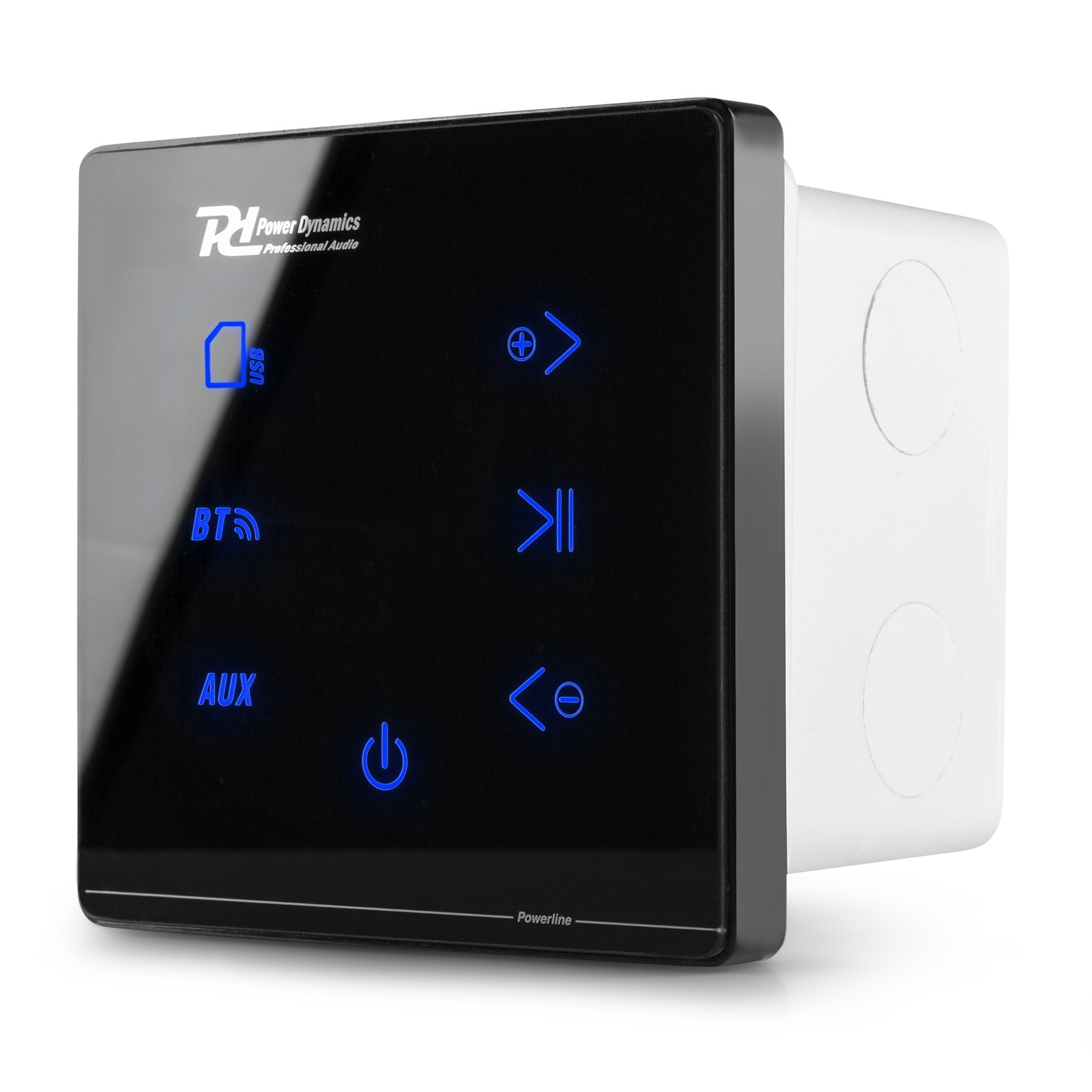 Schwarzes Audiokontrollfeld mit blauen Symbolen und Text. Power Dynamics Logo. Weiße Montagebox rechts.