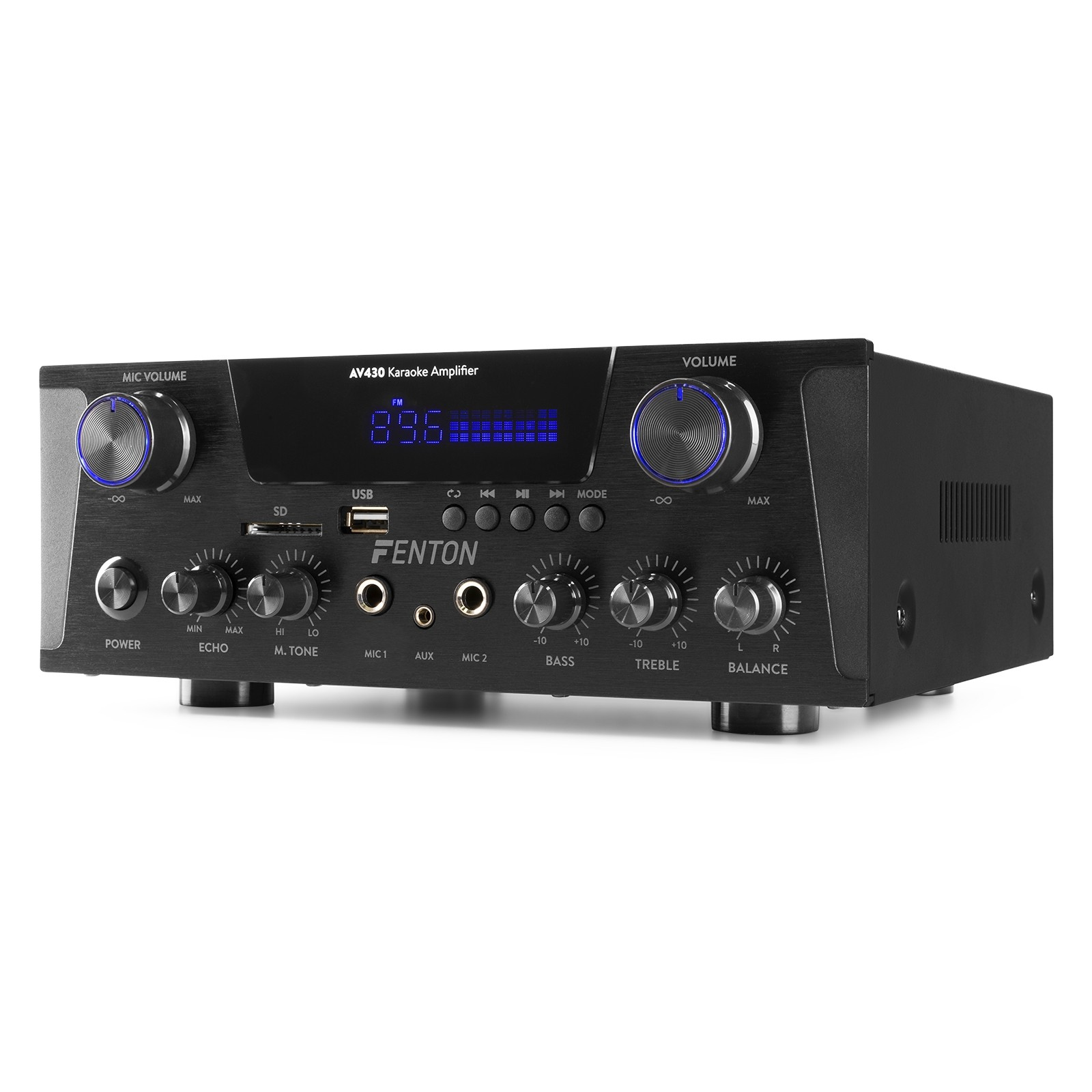 Amplificador de karaoke negro Fenton AV430 con perillas, botones y una pantalla. Tiene entradas para USB, SD y micrófonos.