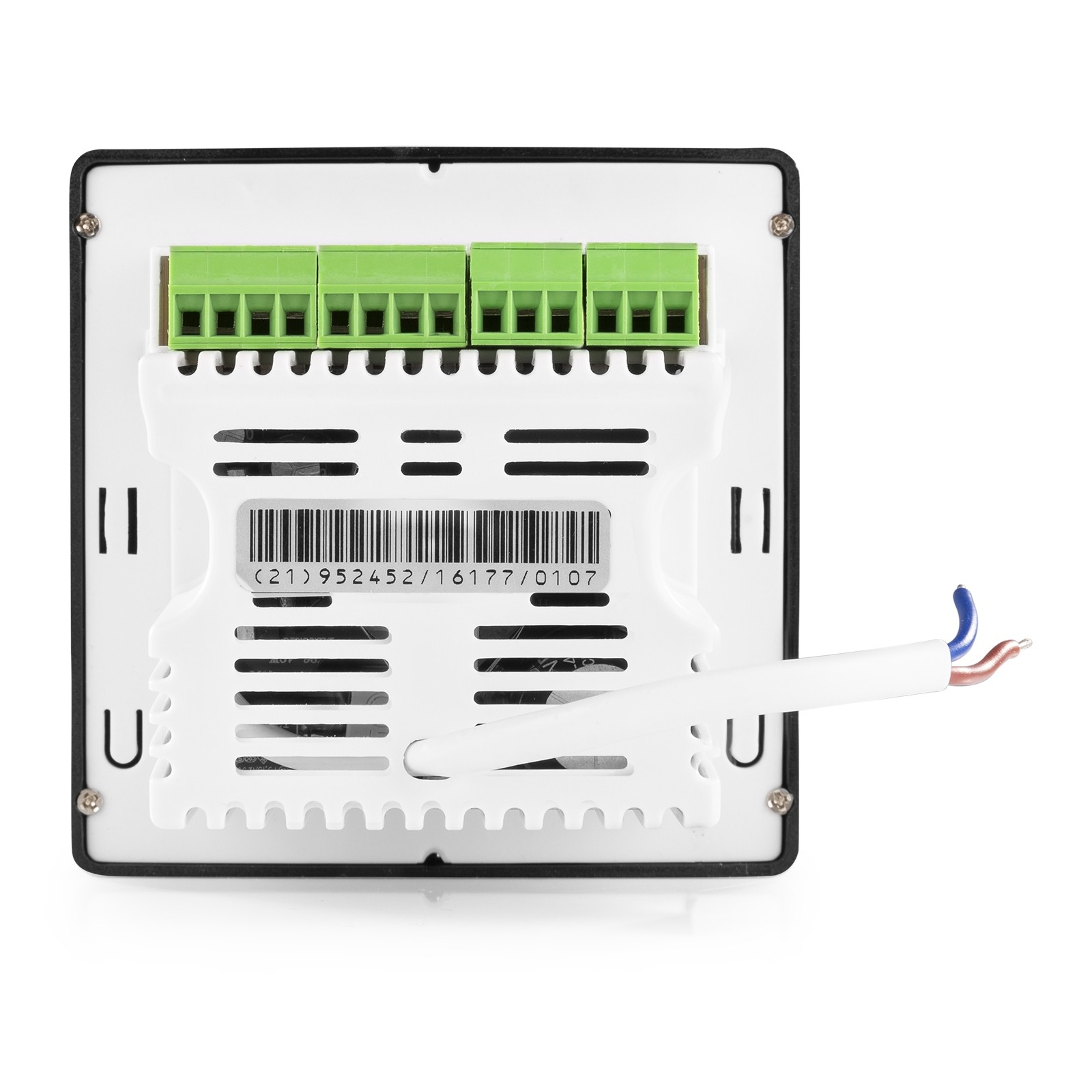 Weißes elektronisches Bauteil mit grünen Steckern, schwarzem Rahmen und weißem Kabel. Zwei Drähte sind sichtbar. Isoliert auf weißem Hintergrund.