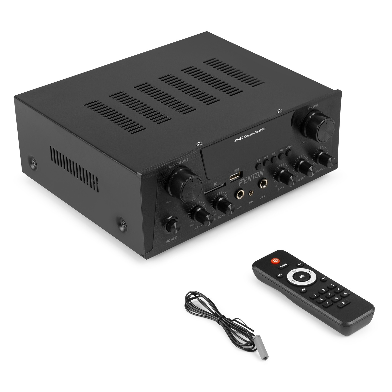 Amplificador de karaoke AV430 negro con perillas, puertos y mando a distancia.