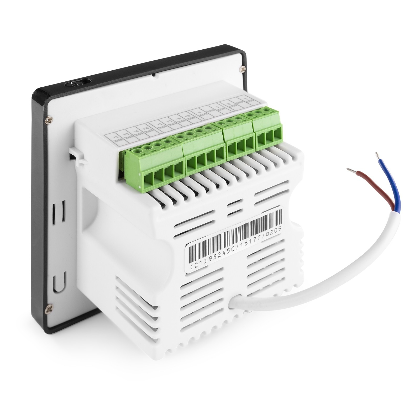 Weißes elektronisches Gerät mit grünen Anschlüssen und freiliegenden Drähten. Schwarzer Rahmen und weißer Hintergrund. Barcode sichtbar.