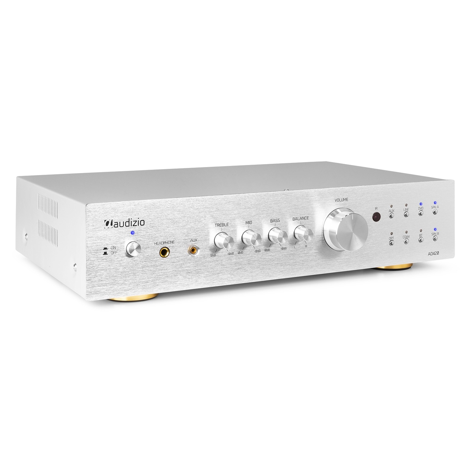 Amplificador de audio plateado con perillas y botones. Tiene entradas, control de volumen y un botón de encendido.