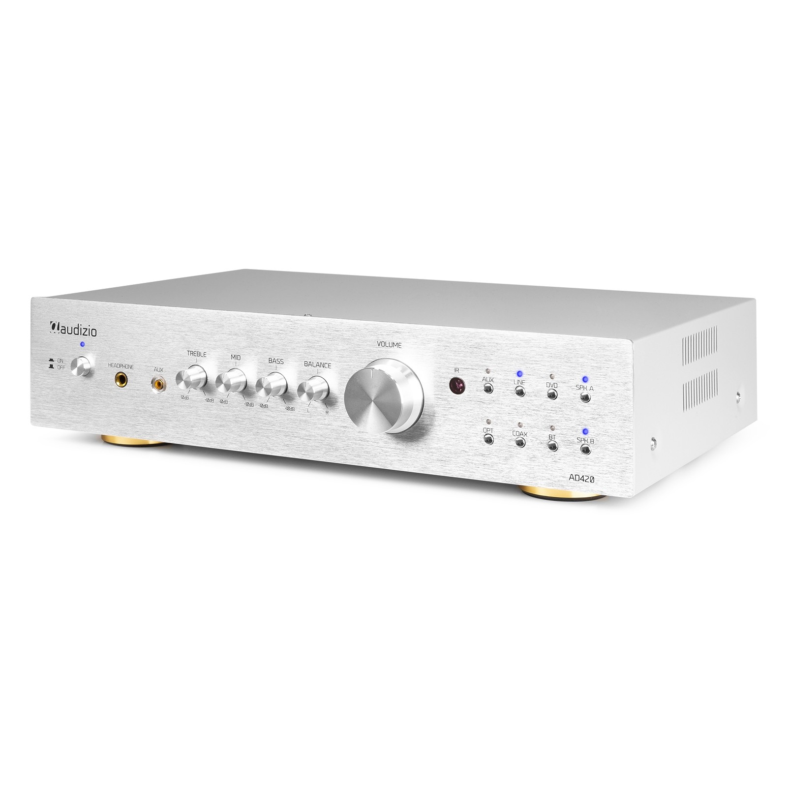 Amplificador de audio plateado con perillas, botones y control de volumen. Tiene luces indicadoras azules y la marca 'audizio'.