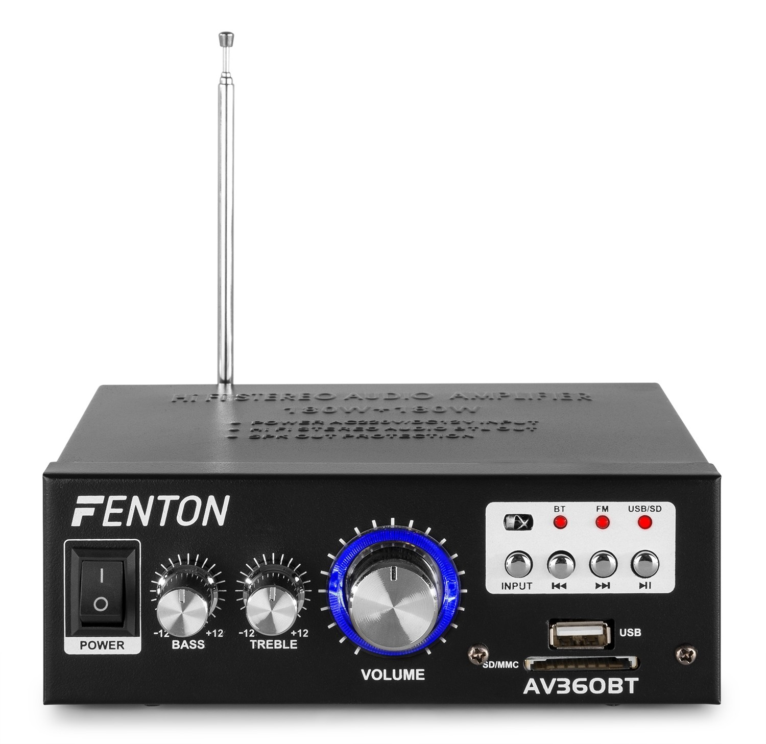 Schwarzer Fenton-Stereoverstärker mit Antenne, Lautstärke-, Bass-, Höhenreglern, Ein-/Aus-Taste, USB-, SD/MMC-Anschlüssen und Kontrollleuchten.