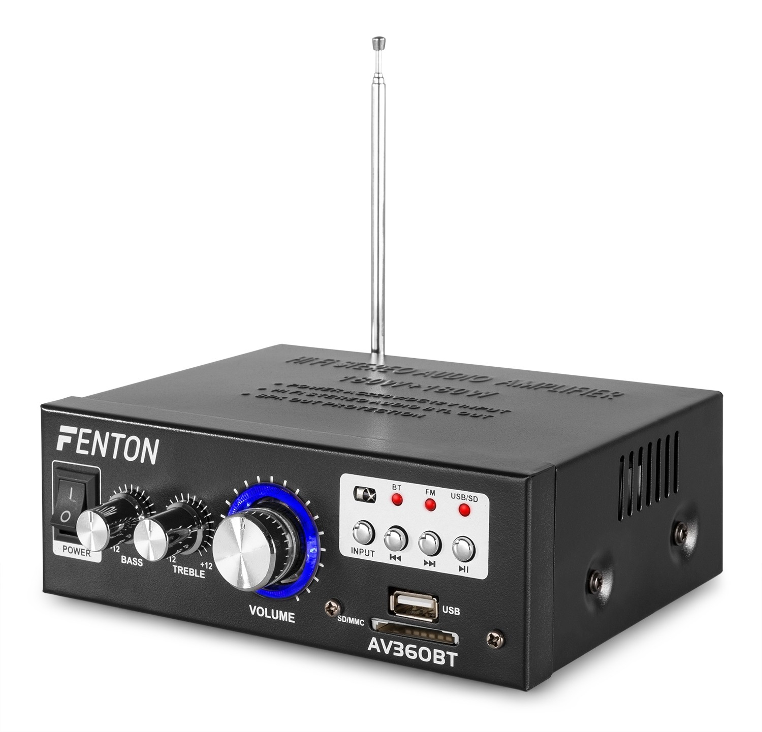 Schwarzer Fenton AV360BT Verstärker mit Knöpfen für Bass, Höhen, Lautstärke und Ein/Aus-Schalter. Hat Antenne, USB-Anschluss und LED-Anzeigen.