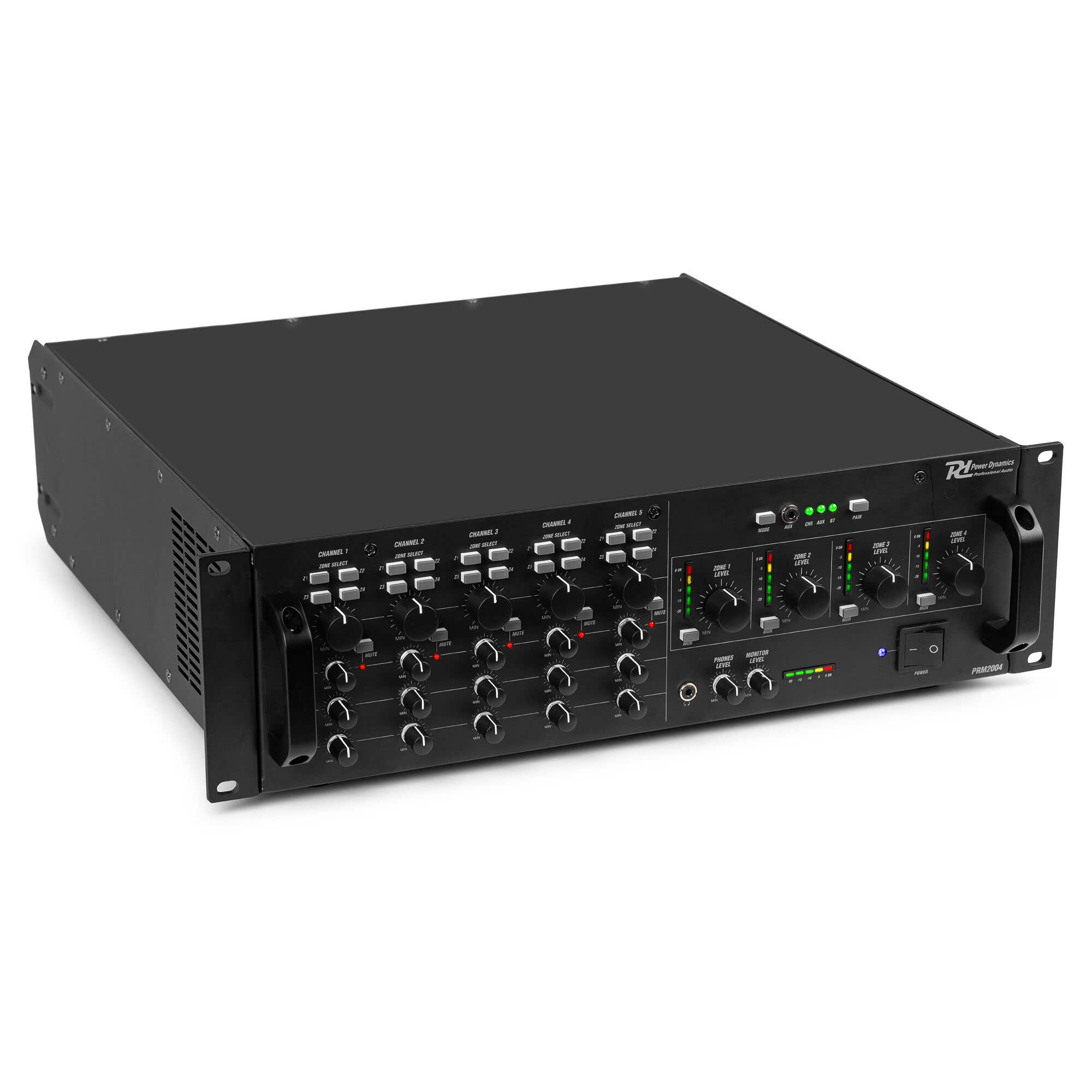 Mezclador de audio negro con múltiples canales, perillas y un botón de encendido. Cuenta con indicadores de nivel y asas para montaje en rack.