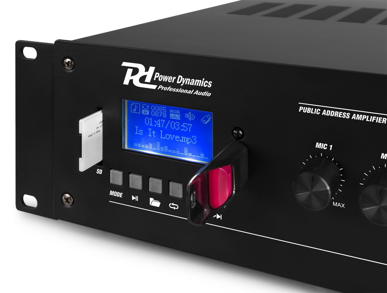 Schwarzer Power Dynamics Verstärker mit SD-Karte und USB-Stick. Der Bildschirm zeigt Audioinformationen an.