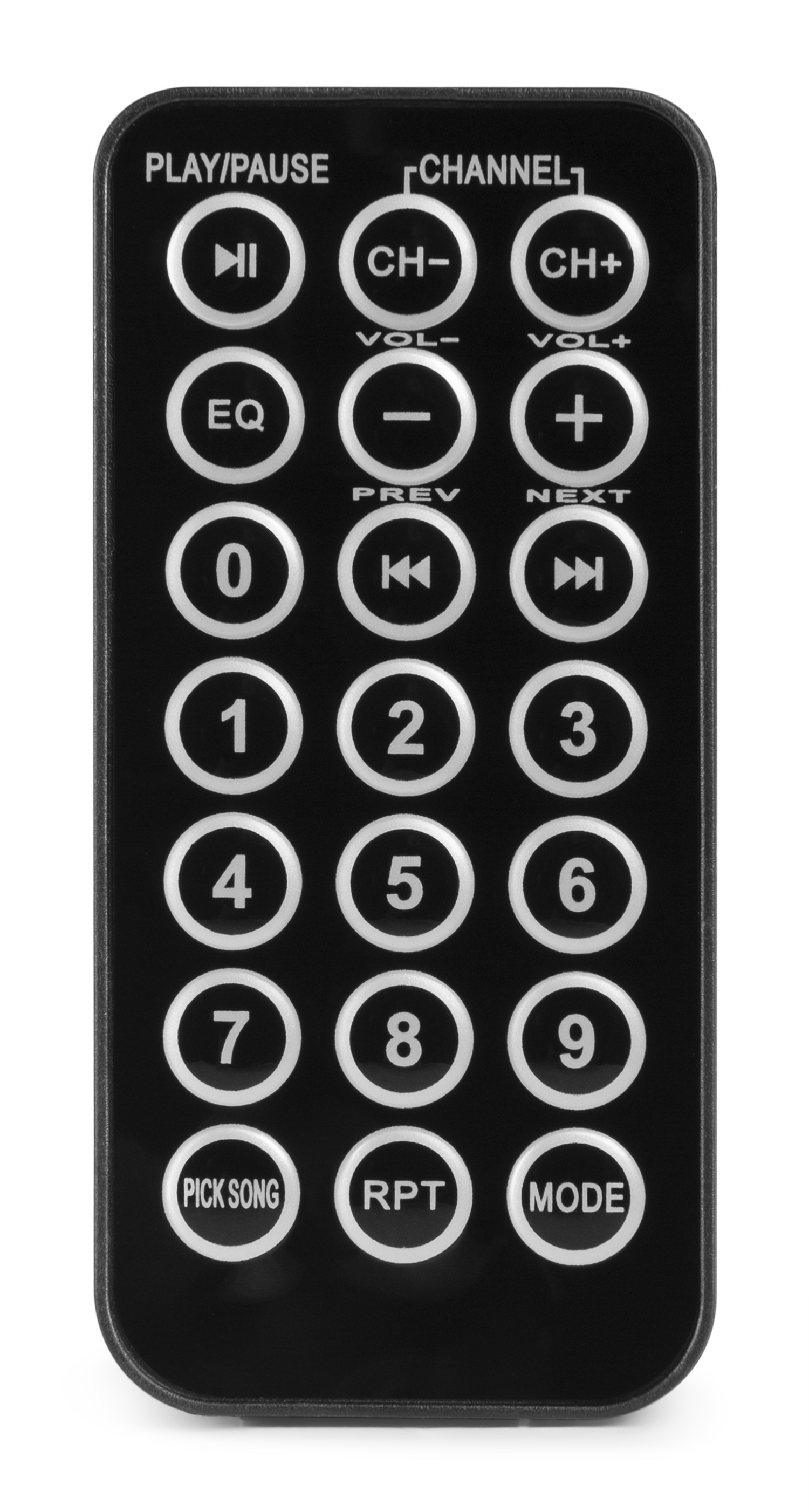 Mando a distancia negro con botones blancos. Botones incluyen reproducción/pausa, canal arriba/abajo, volumen, números y funciones.