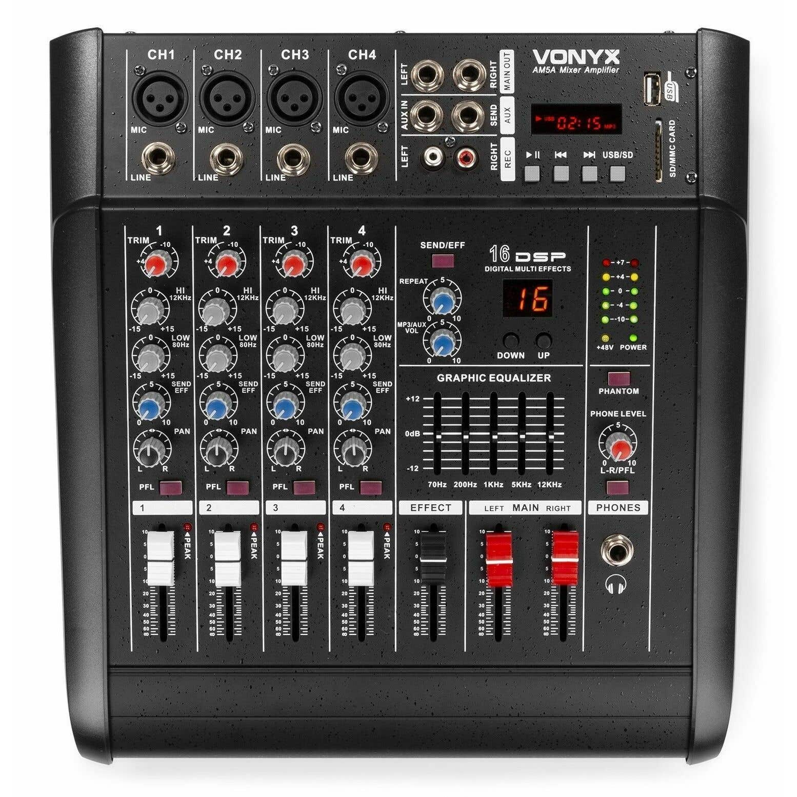 Mesa de mezclas de audio negra con múltiples perillas, controles deslizantes y conectores de entrada. Pantalla digital muestra '02:15'.