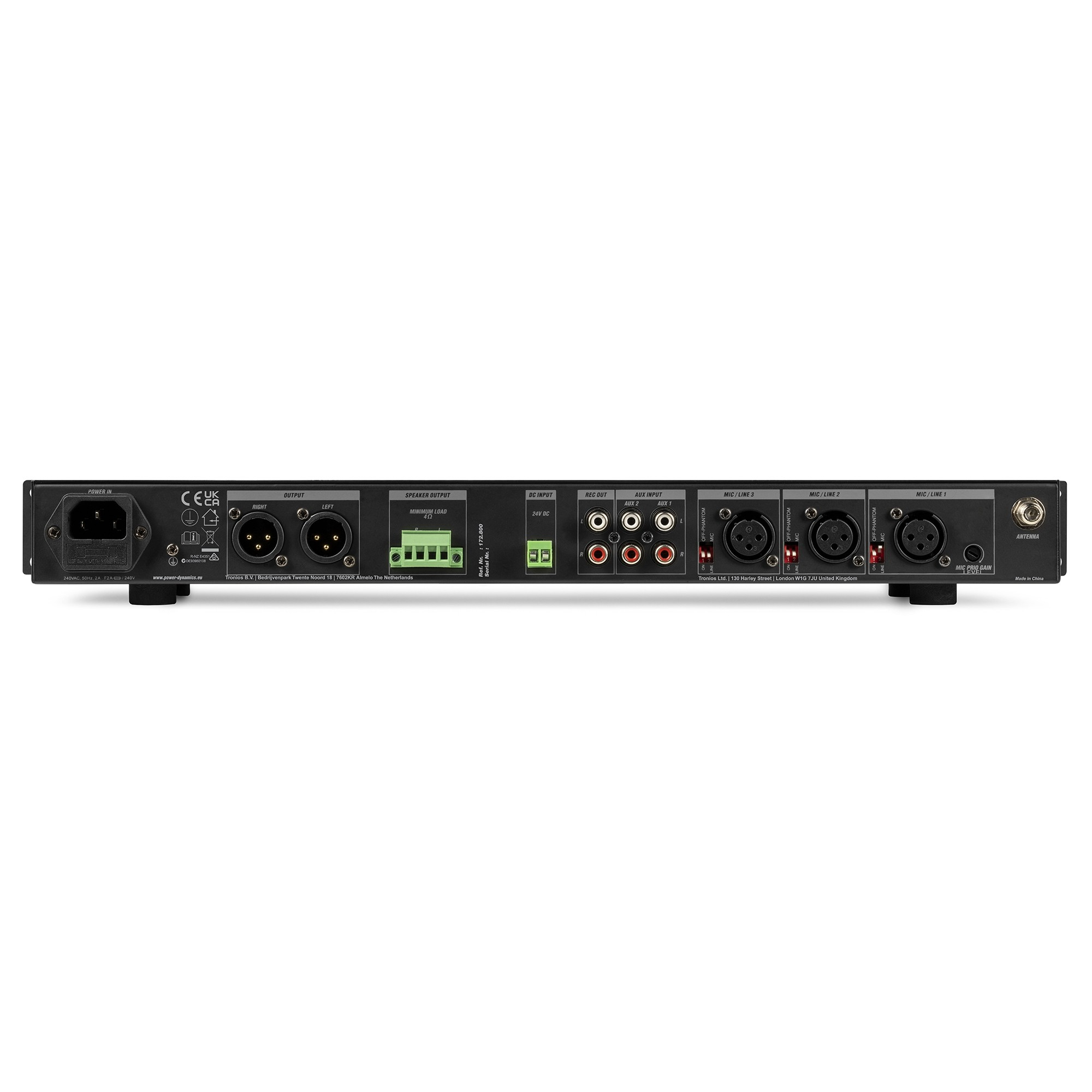 Panel trasero de dispositivo de audio negro con entradas/salidas, incluyendo alimentación, altavoces, aux y micrófono.