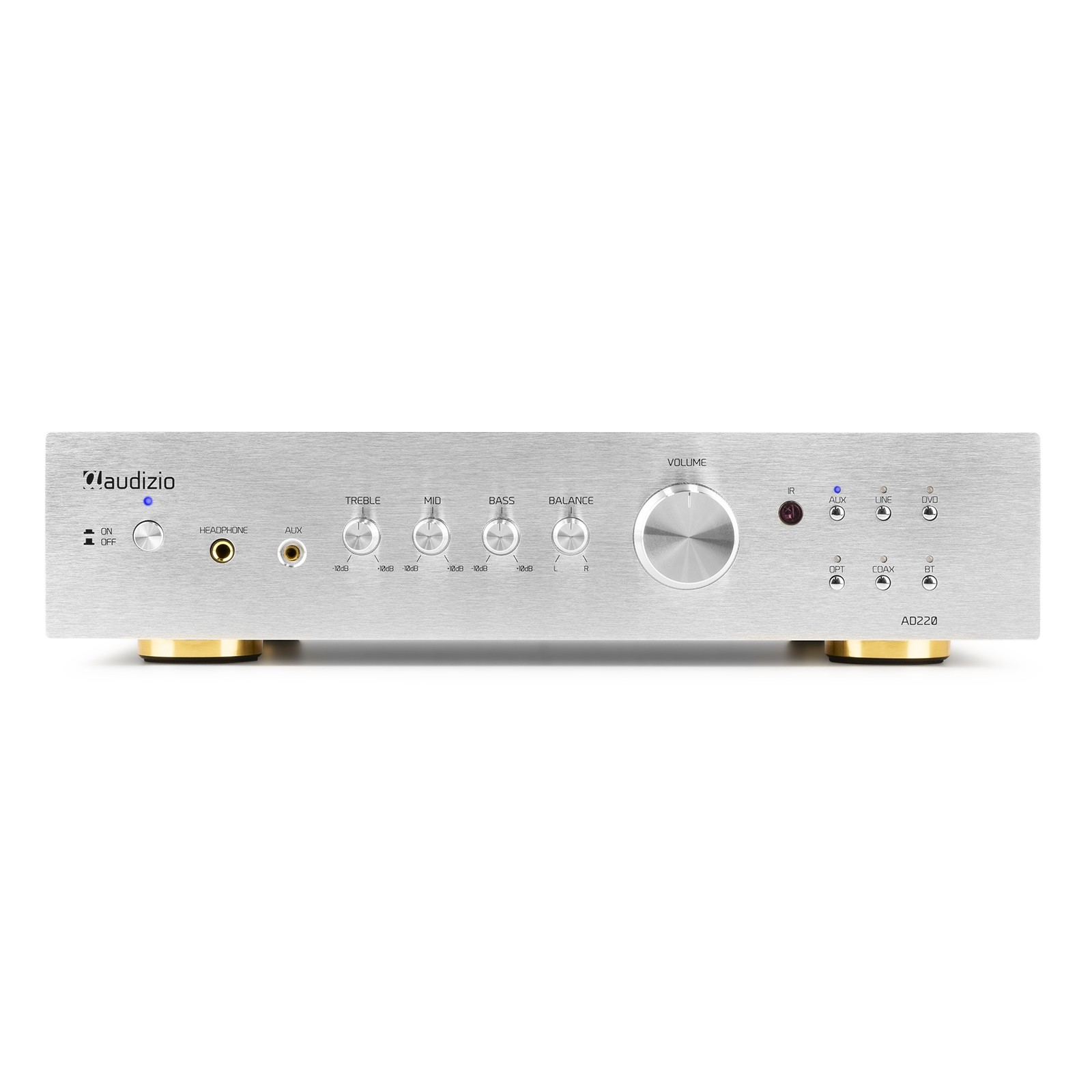Amplificador de audio plateado con perillas y botones. Tiene controles de volumen, agudos, medios, graves, balance. Pies dorados.