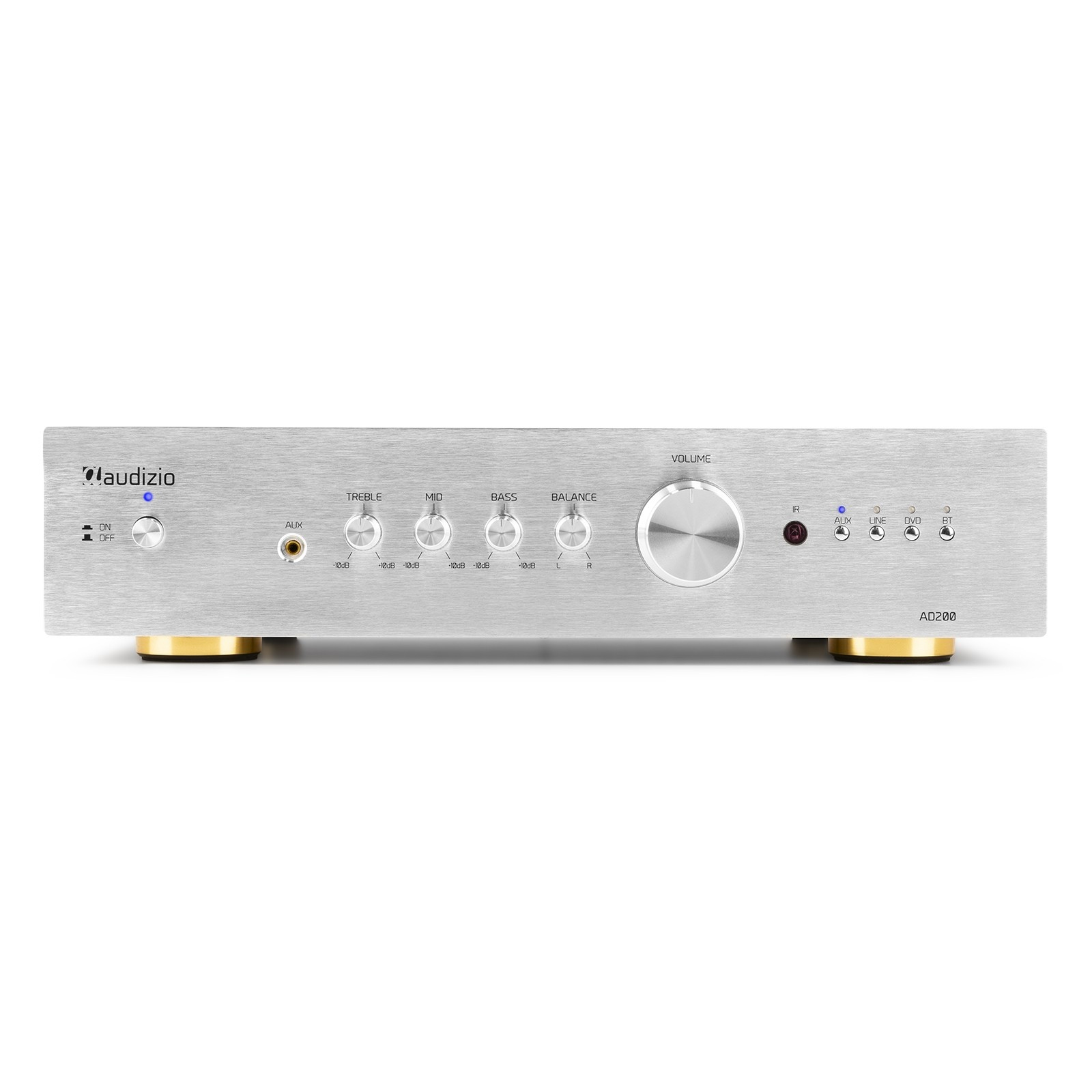 Amplificador de audio plateado con perillas y botones. Pies dorados en la base. Texto: Agudos, Medios, Graves, Balance, Volumen y AD200.