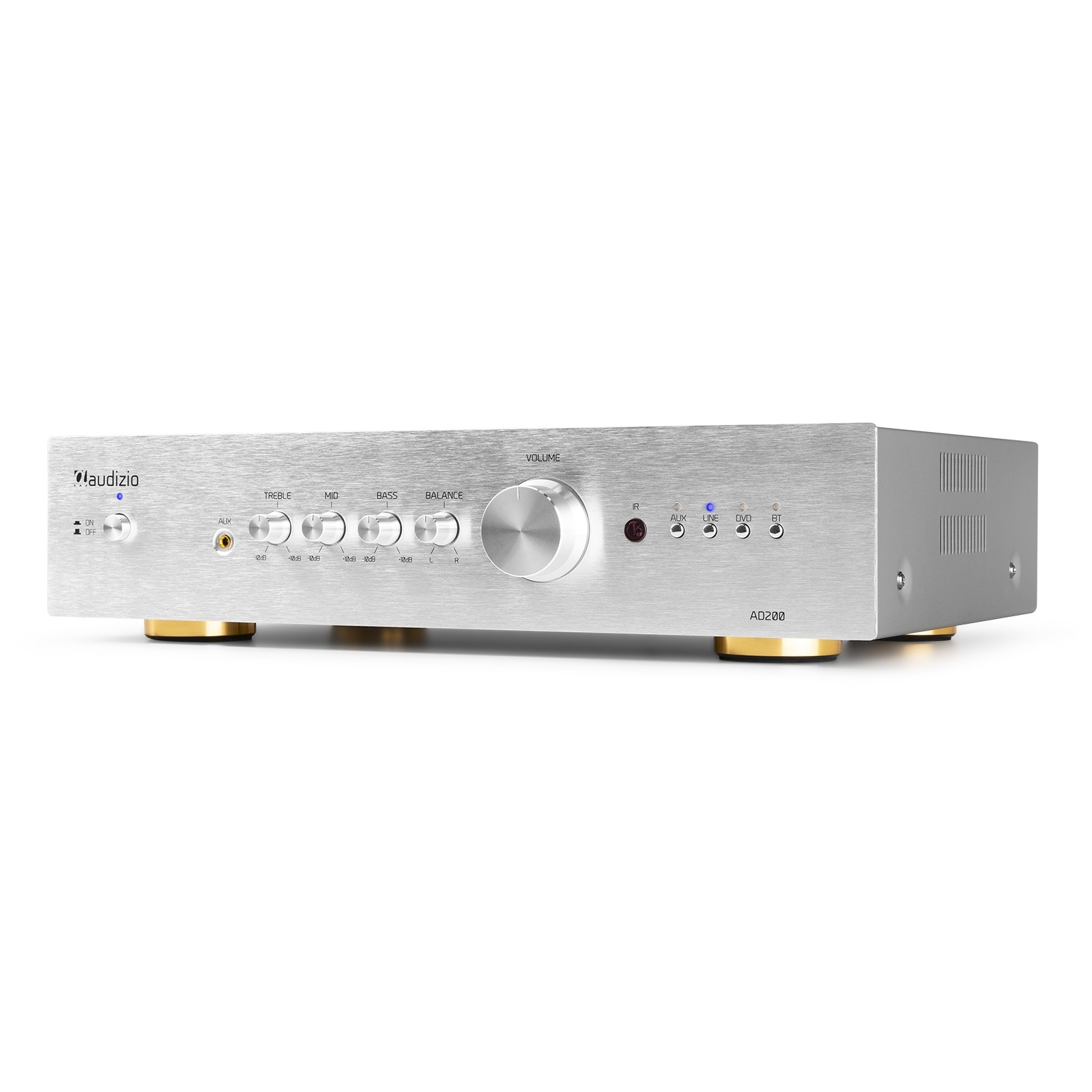 Amplificador de audio plateado con múltiples perillas y botones. Incluye controles de volumen, graves, agudos y botones de selección de entrada.