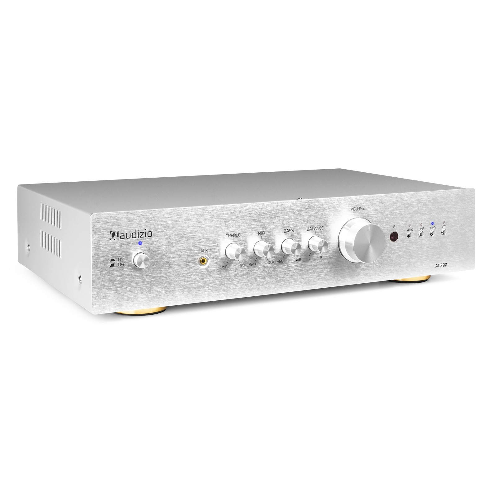 Amplificador estéreo Audizio plateado con perillas para volumen, bajos, agudos y balance. Tiene opciones de entrada y salida e indicadores de encendido.
