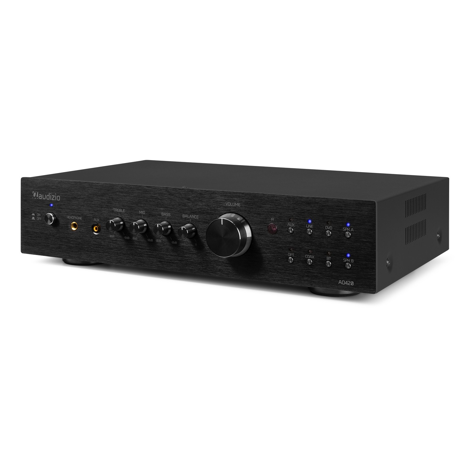 Ein schwarzer Audioverstärker mit Knöpfen und Tasten. Die Marke ist 'Maudizio'. Er hat Regler für Lautstärke, Bass und Höhen.