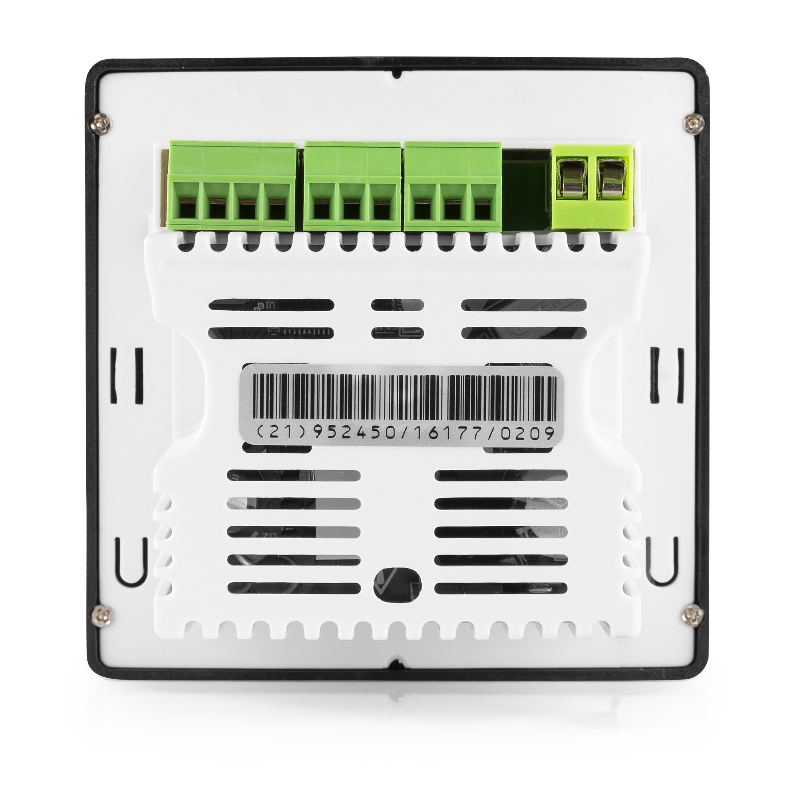 Eine weiße und schwarze elektronische Komponente mit grünen und gelben Steckern und einem Barcode. Details sind deutlich sichtbar.