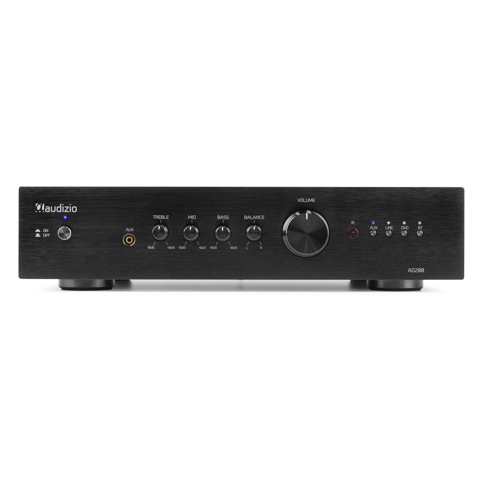 Schwarzer Audioverstärker mit Knöpfen für Lautstärke, Höhen, Bässe und Balance. Er hat Tasten für AUX, Line, DVD und BT.