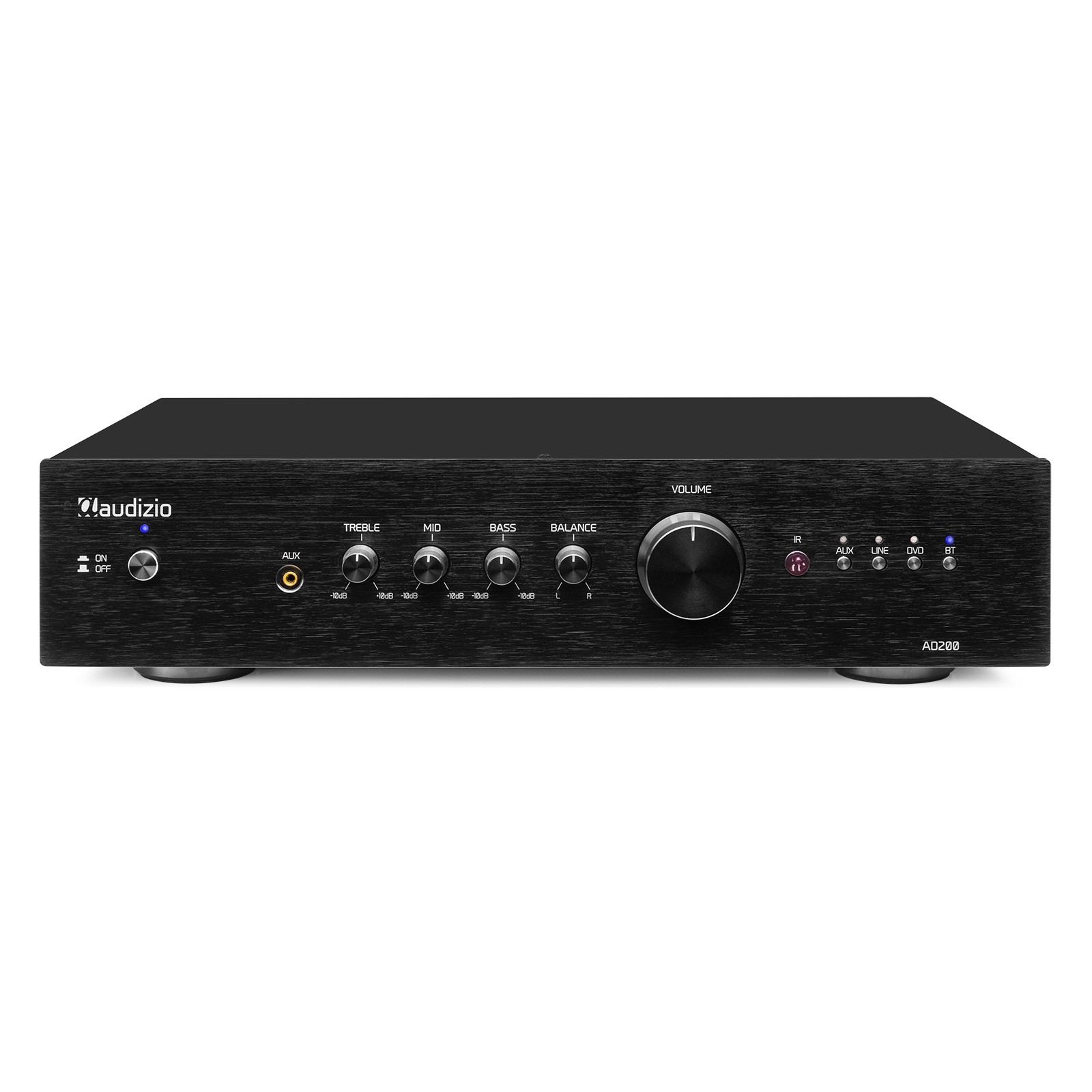 Schwarzer Audizio AD200 Verstärker. Hat Knöpfe für Lautstärke, Höhen, Mitten, Bass, Balance. Eingangsoptionen: AUX, IR, Line, DVD und BT.