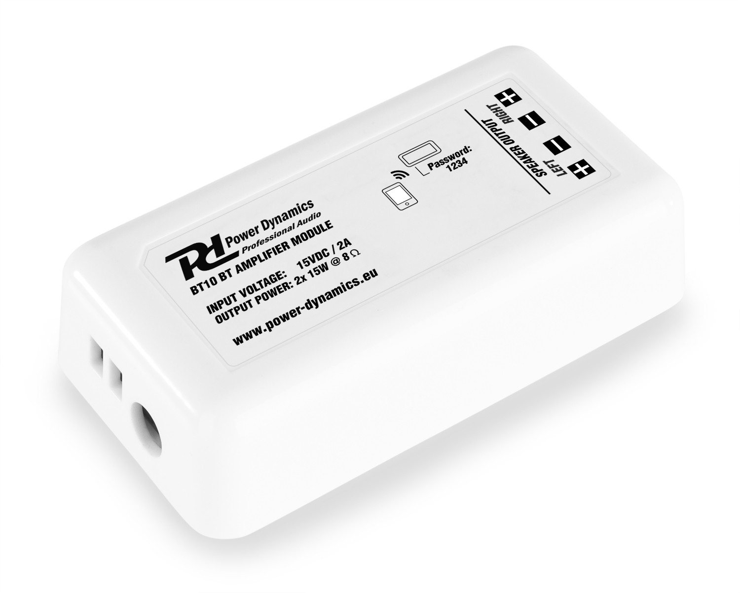 Un módulo amplificador blanco con texto, conectores y etiquetas de salida de altavoz. El texto incluye 'Power Dynamics' y 'Contraseña: 1234'.