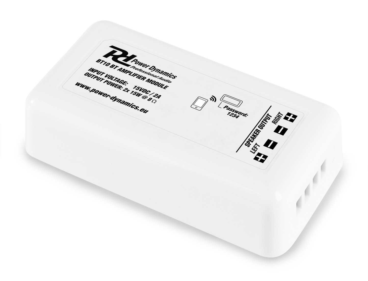 Módulo amplificador BT10 Power Dynamics blanco. Texto incluye voltaje de entrada, potencia de salida y etiquetas de salida de altavoz. Contraseña: 1234.