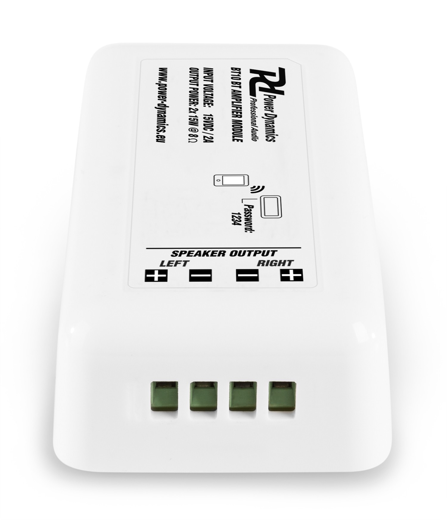 Módulo amplificador blanco con texto, salidas de altavoz y conectores verdes. Tiene el logotipo de Power Dynamics y especificaciones.