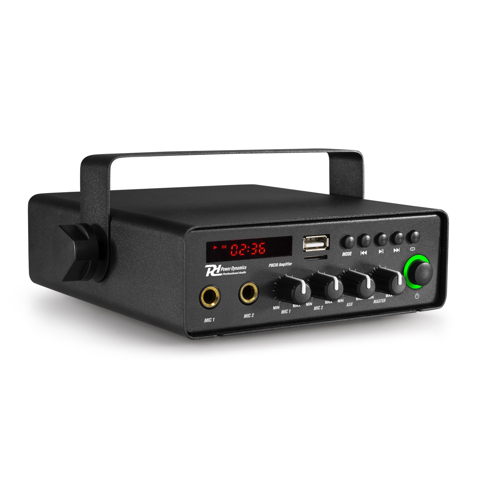 Amplificador negro con asa, pantalla 02:36, botones y perillas de control, y un puerto USB.