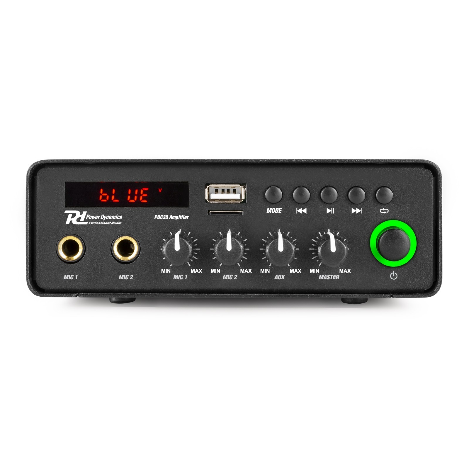 Amplificador negro con perillas, botones y una pantalla digital que muestra 'BLUE'. Tiene entradas para micrófonos y un botón de encendido.
