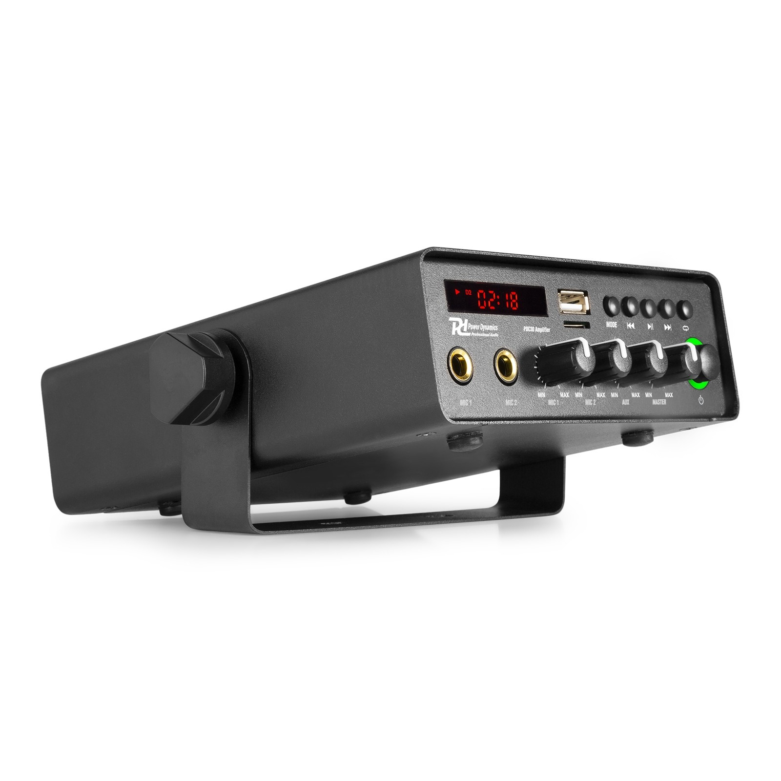 Amplificador de audio negro con pantalla roja, perillas y botones. Tiene un botón de encendido con luz verde y puertos USB y MIC.