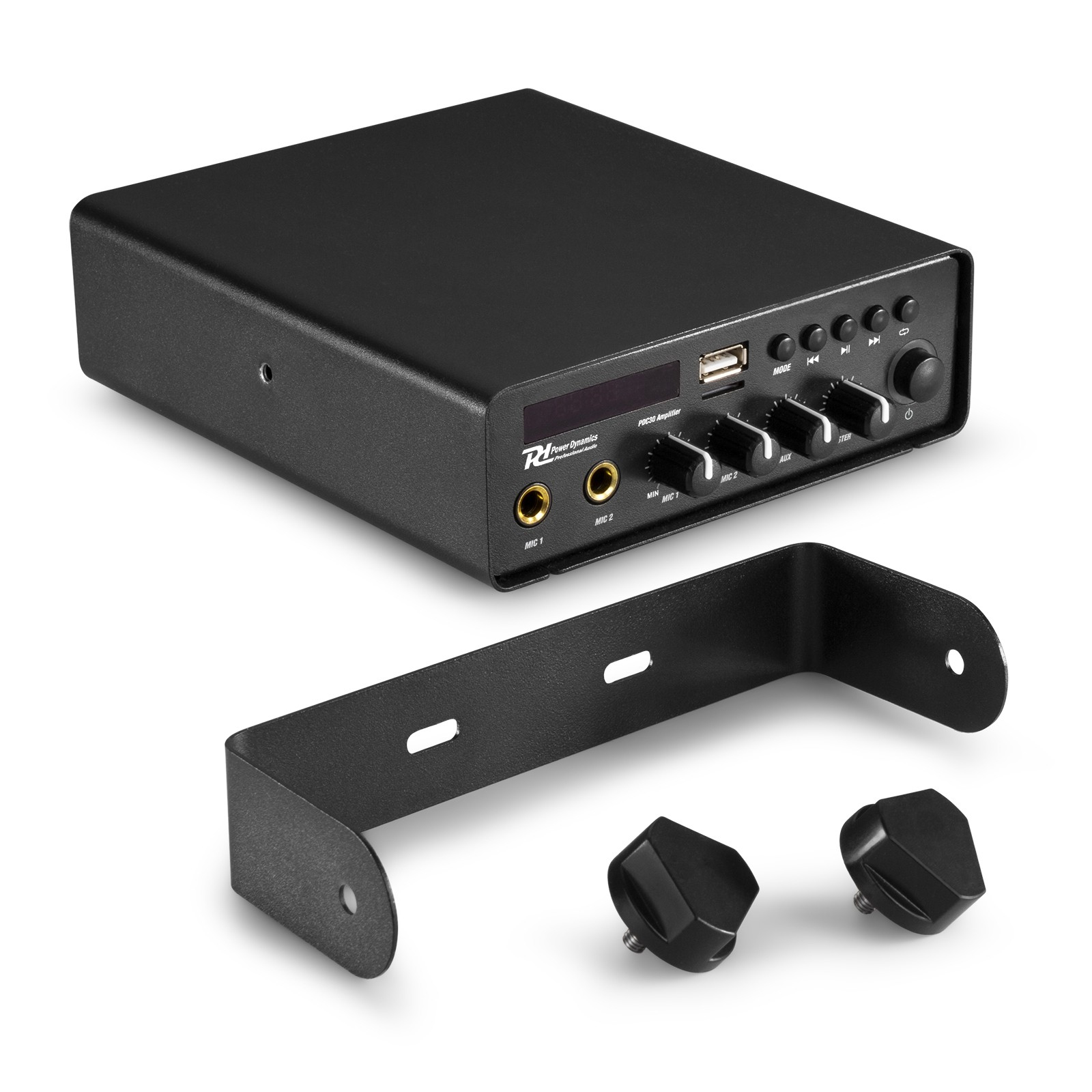 Amplificador negro con controles y soporte. Incluye USB, entradas de micrófono y perillas. Dos tornillos negros también presentes.