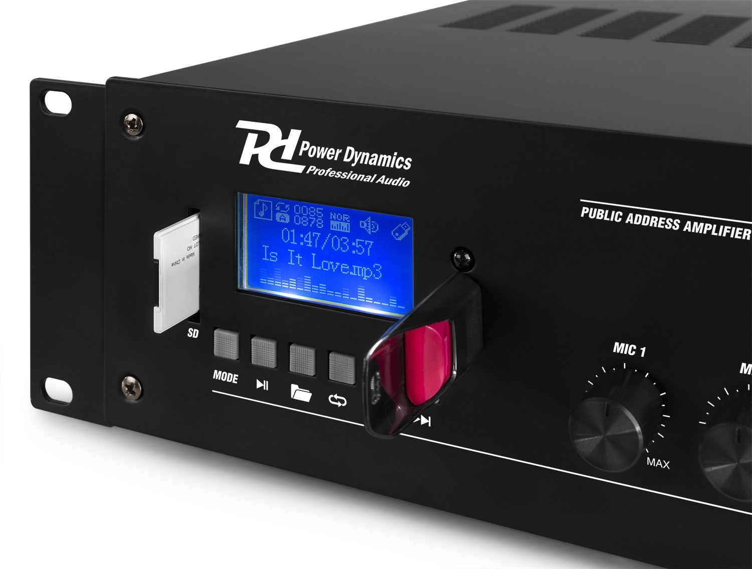 Schwarzer Audioverstärker mit SD-Karte und USB-Stick. Ein blauer Bildschirm zeigt Musikinformationen. Bedienelemente umfassen Knöpfe.