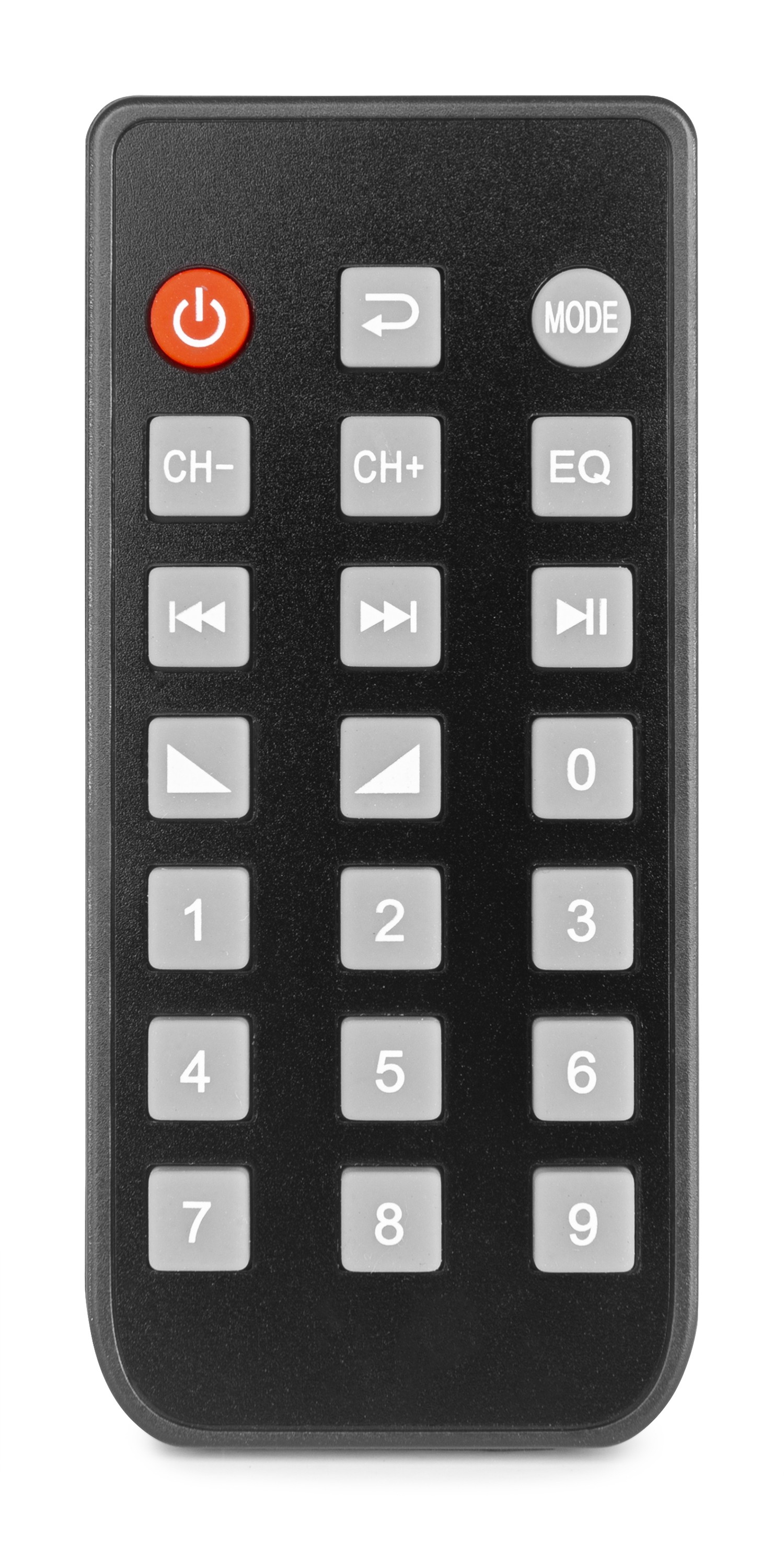 Mando a distancia negro con botones blancos. El botón de encendido es rojo. Botones incluyen canal, volumen, modo, números y controles de reproducción.